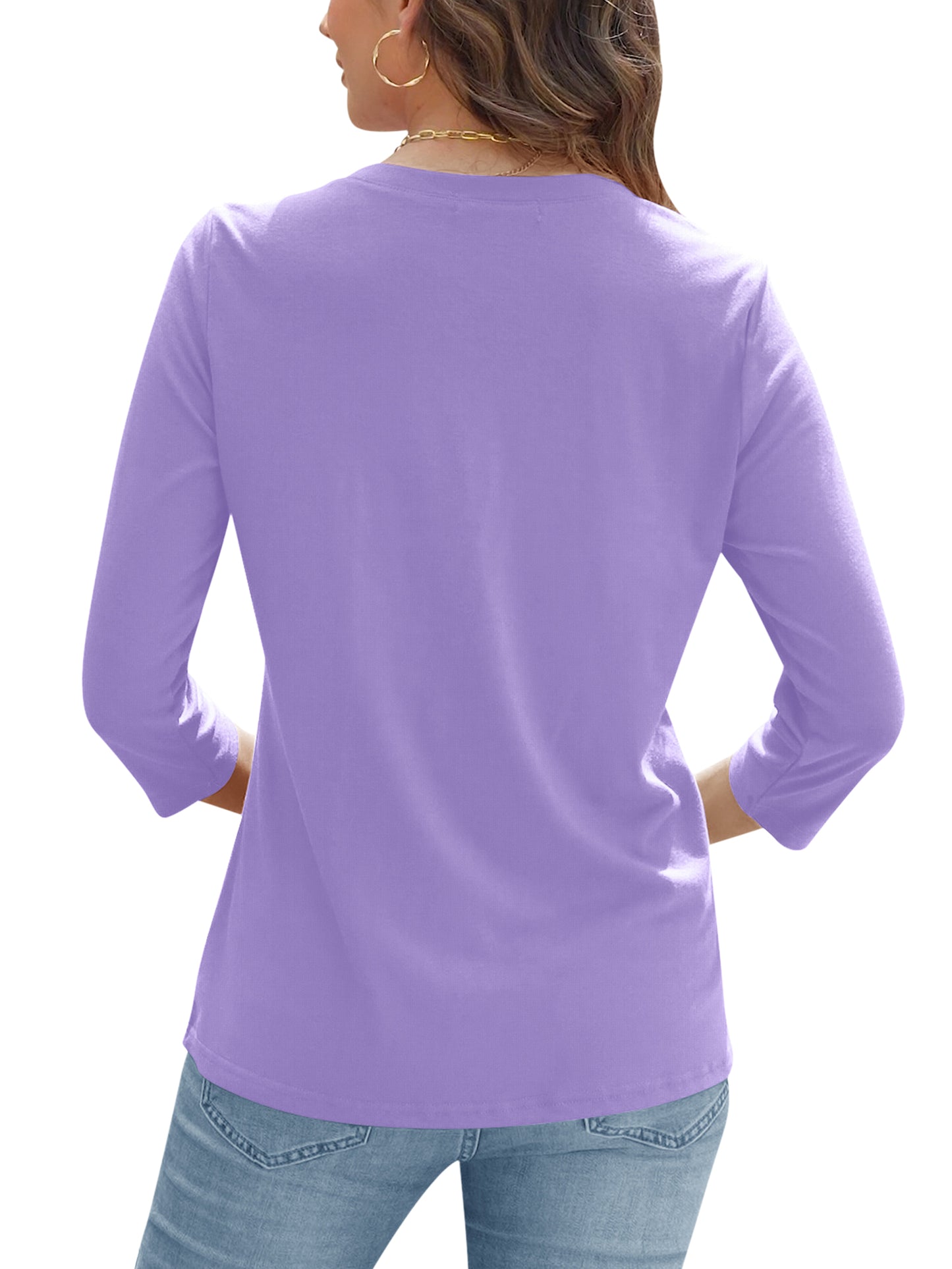 VDJ Womens Blouses Summer 3/4 Sleeve Basic T Shirts Button Up V Neck Comfort Soft Shirts Purple Tunic Tops