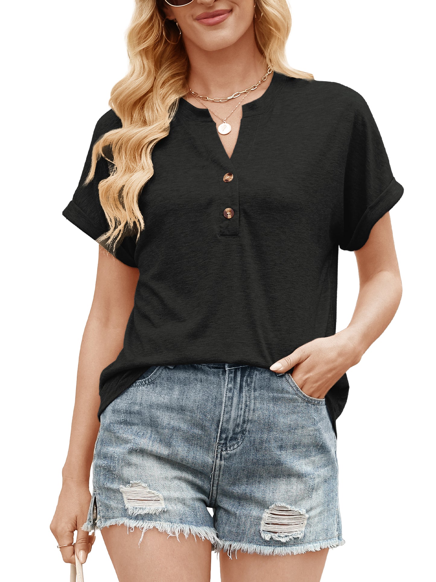 VDJ Tops for Women Summer Short Sleeve Button Up Solid Tee Shirts Casual Loose Henley Collared Black Shirt Clothing