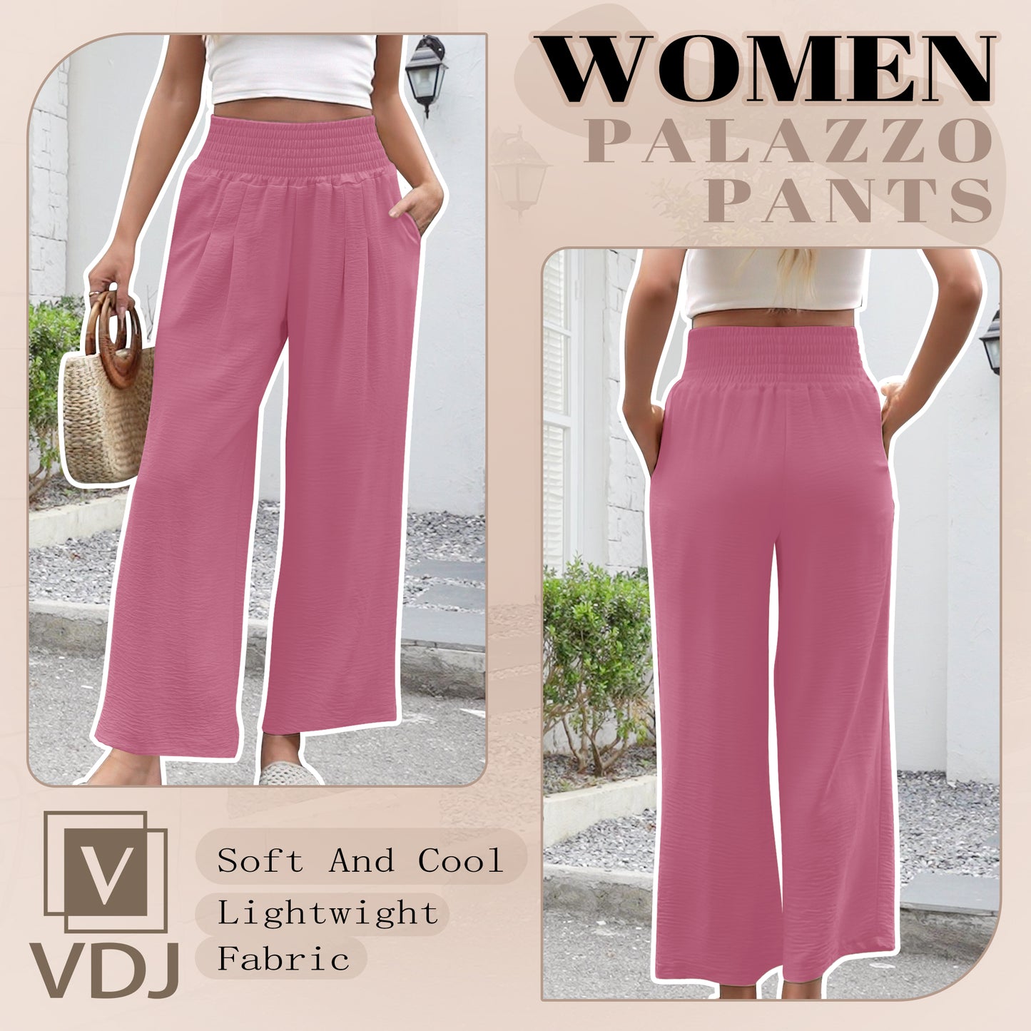 VDJ Summer Pants for Women Wide Leg Dress Pants Elastic Waist Palazzo Pants Dusty Pink Trousers with Pocket