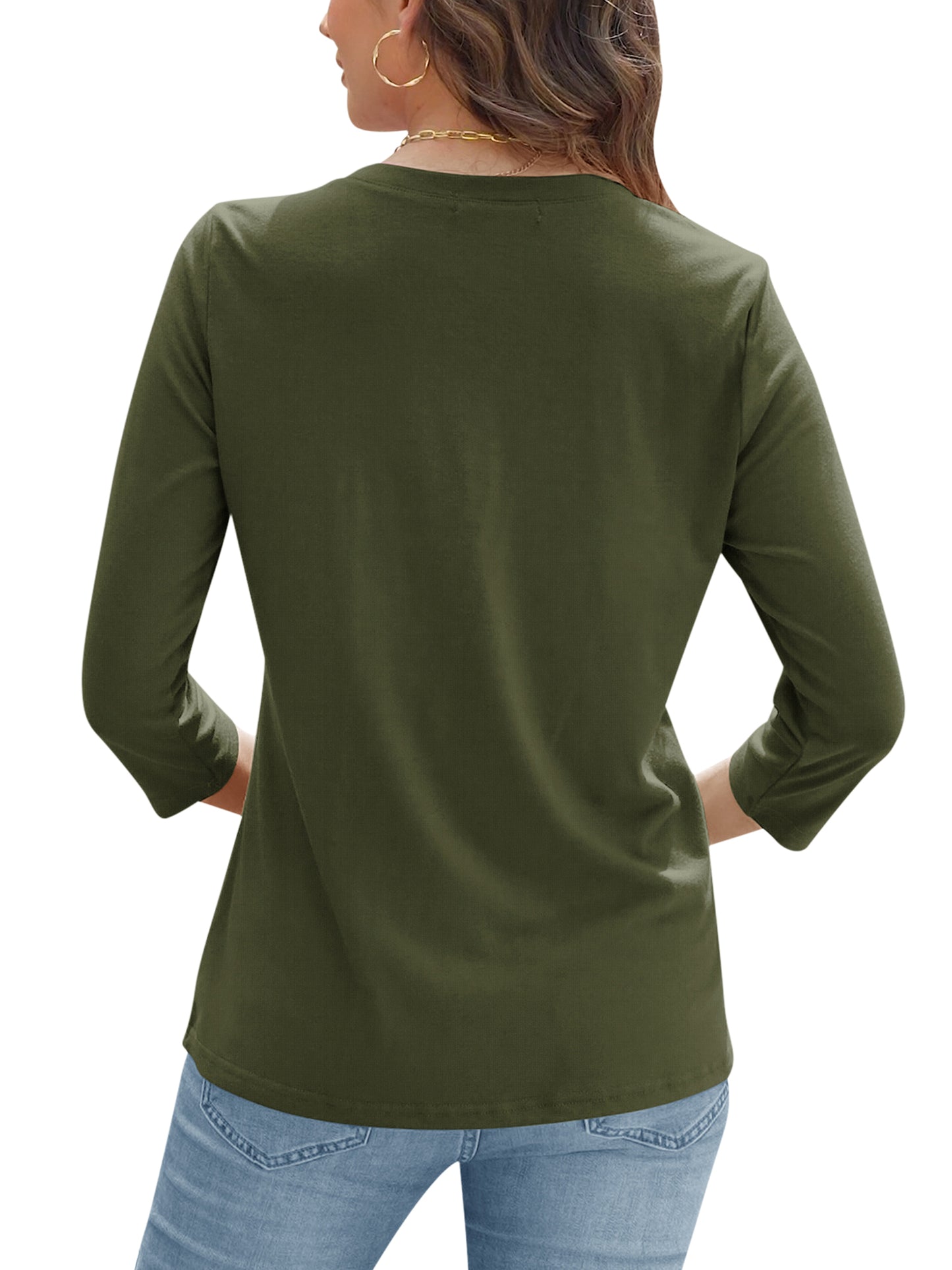 VDJ Women Summer T Shirts Casual Loose 3/4 Sleeve V Neck Tunic Stylish Solid Color Army Green Business Tee Clothes