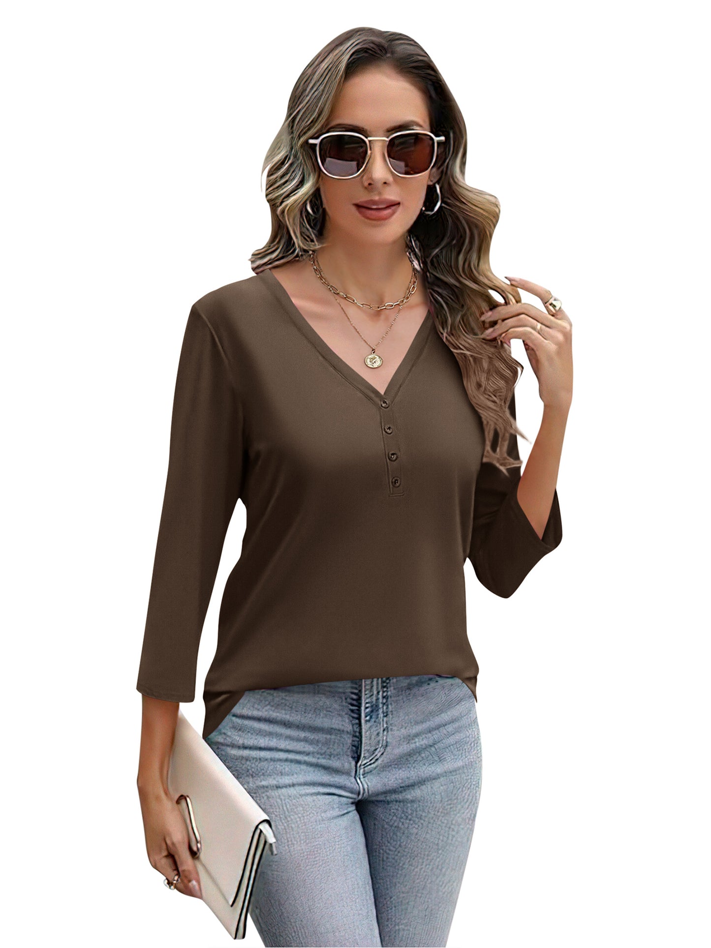 VDJ Women's 2025 Fashion Tops 3/4 Sleeve T-Shirts Cute V Neck Basic Business Tees Coffee Blouses