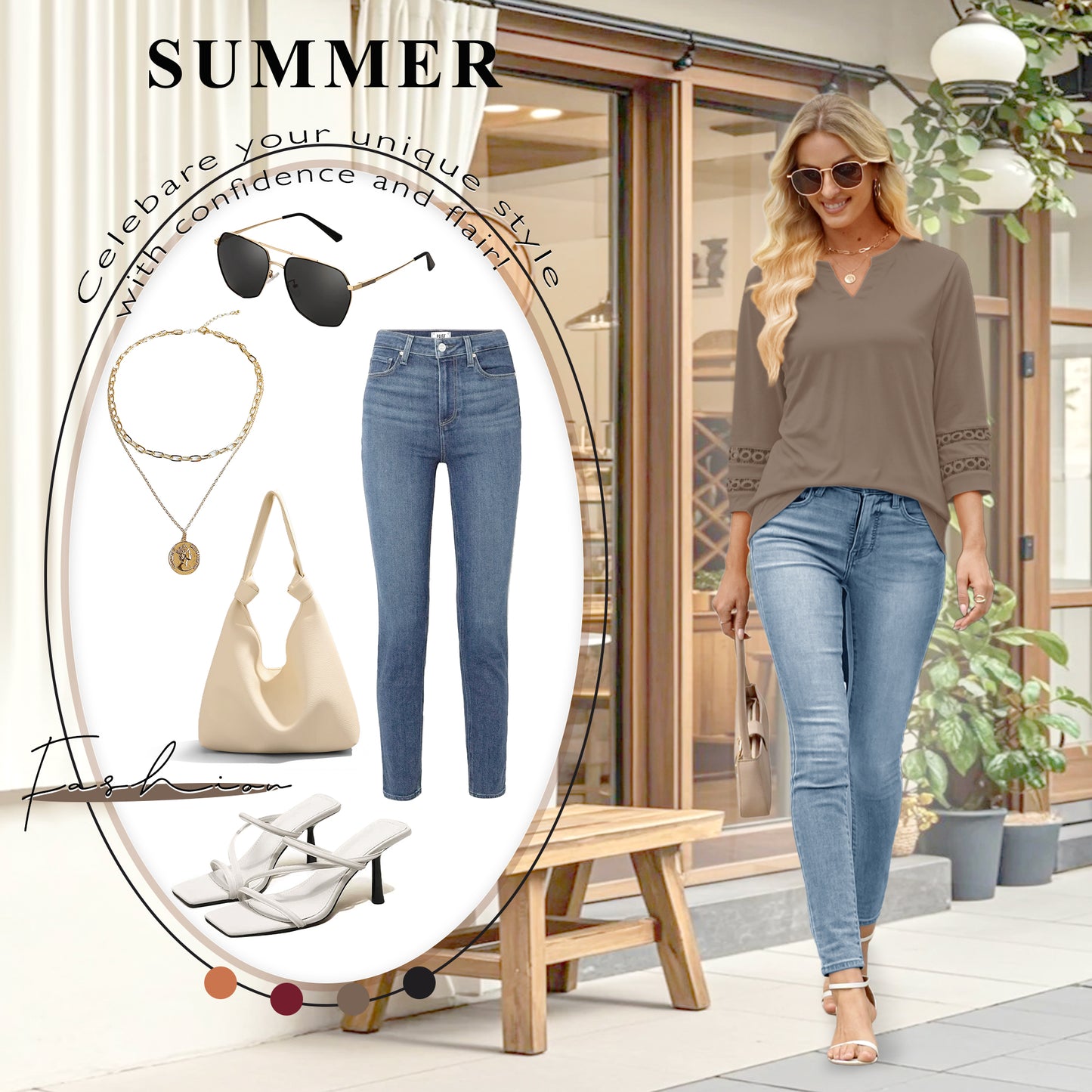 VDJ Women 3/4 Sleeve Tops Summer Holiday Fashion V Neck T Shirts Comfort Lightweight Blouse Black Tunic Tee
