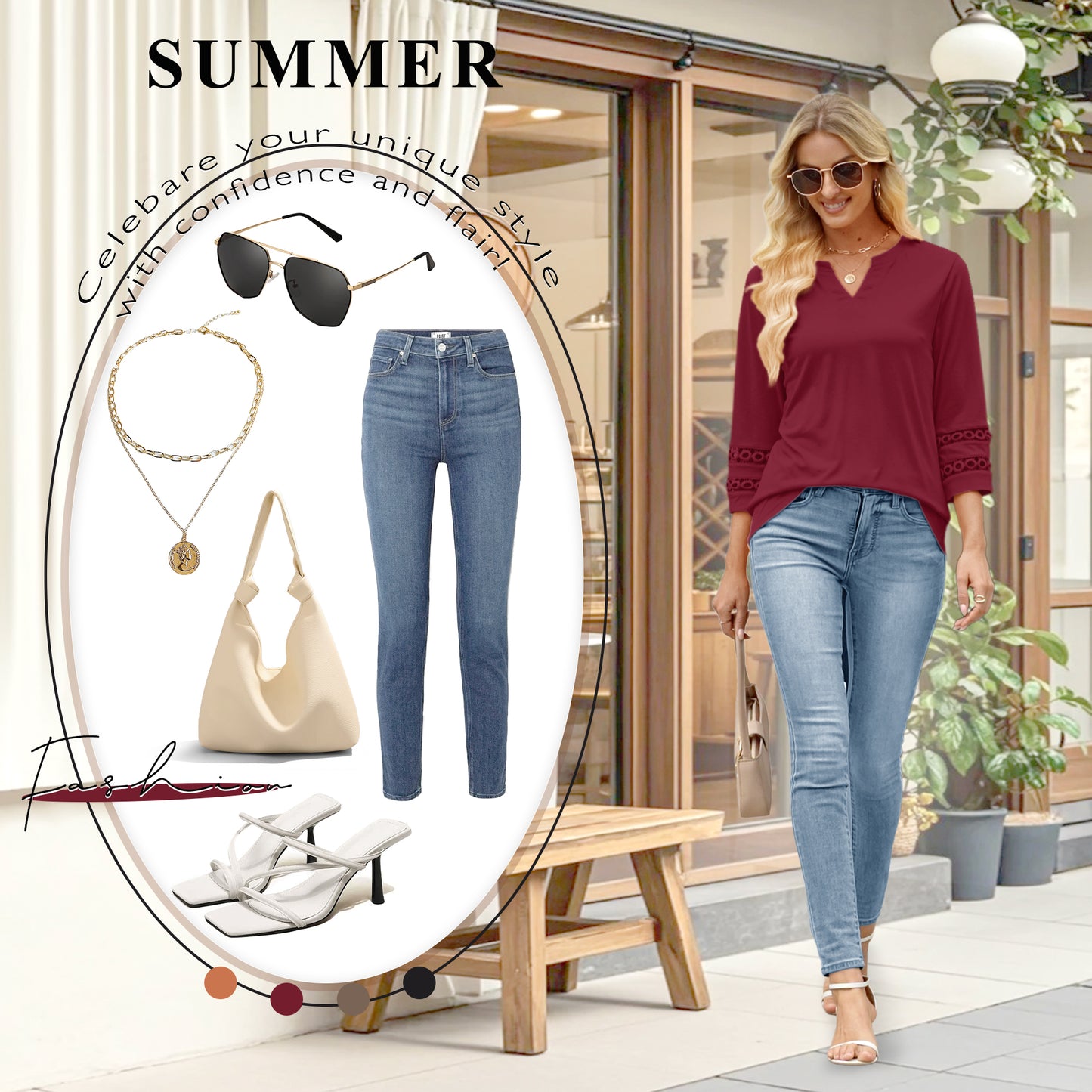 VDJ Women Blouses Casual V Neck T Shirt Loose Fit Solid Color 3 4 Length Sleeve Ladies Elegant Wine Red Tunic Tops