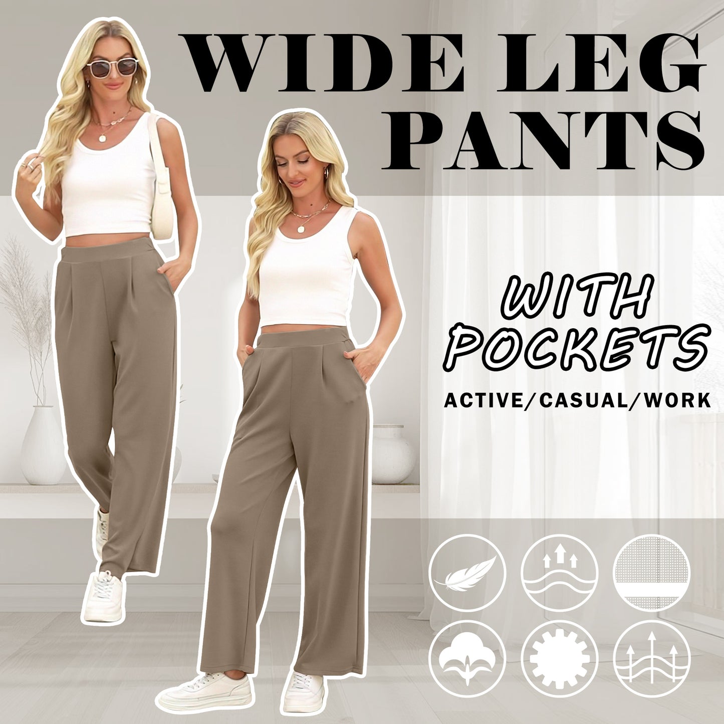 VDJ Wide Leg Pants for Women High Waist Casual Ahleisure Pants Pull On Flare Trousers with Pockets