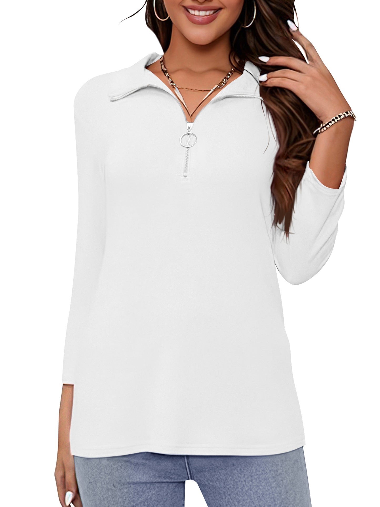 VDJ Women Tops 3 Quarter Sleeve Zipped Collrar Business Ladies Shirts Fashion White Fall Blouse Tee
