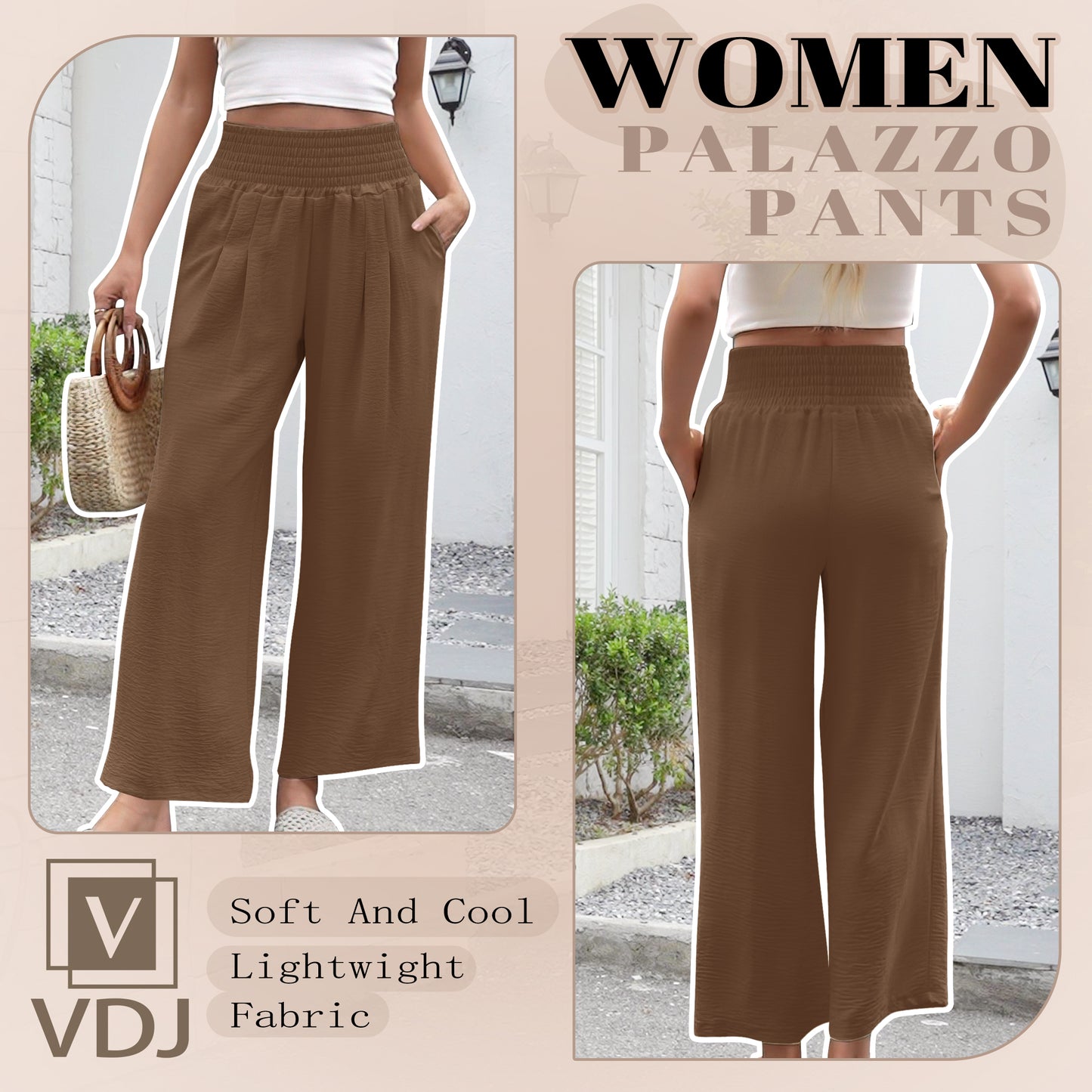 VDJ Womens Casual Pants Elastic High Waist Summer Coffee Lounge Pants Lightweight Flowy Beach Trousers Clothing
