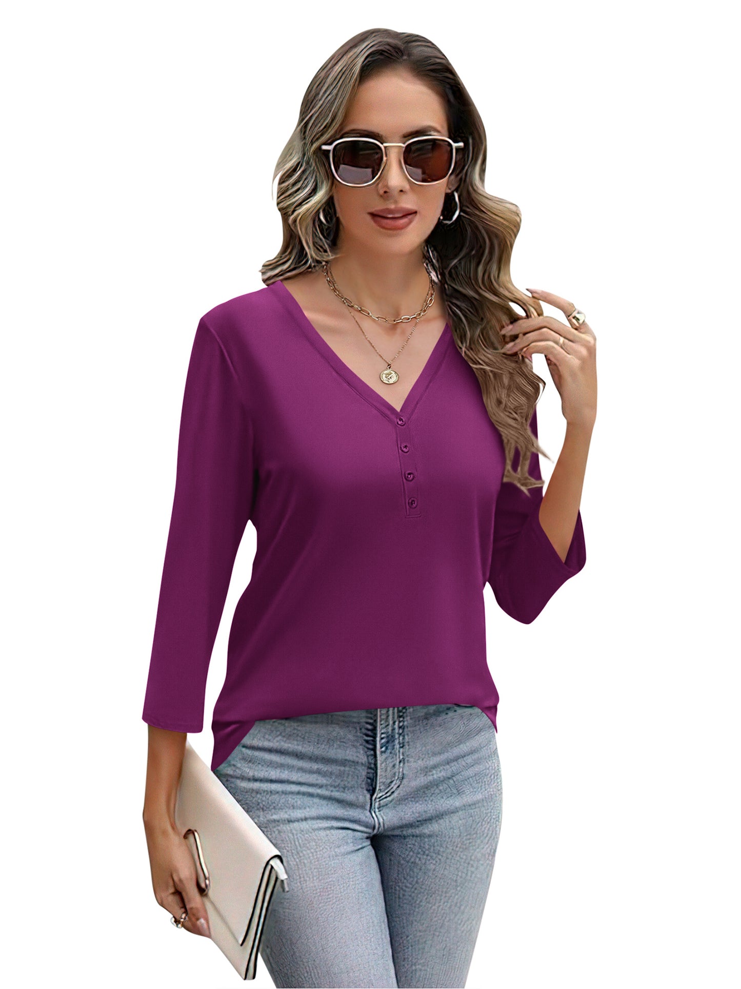 VDJ Women Fall Shirts Lightweight Dressy Casual Tshirts Dark Blue Solid Button Down Blouse Tunic Tops