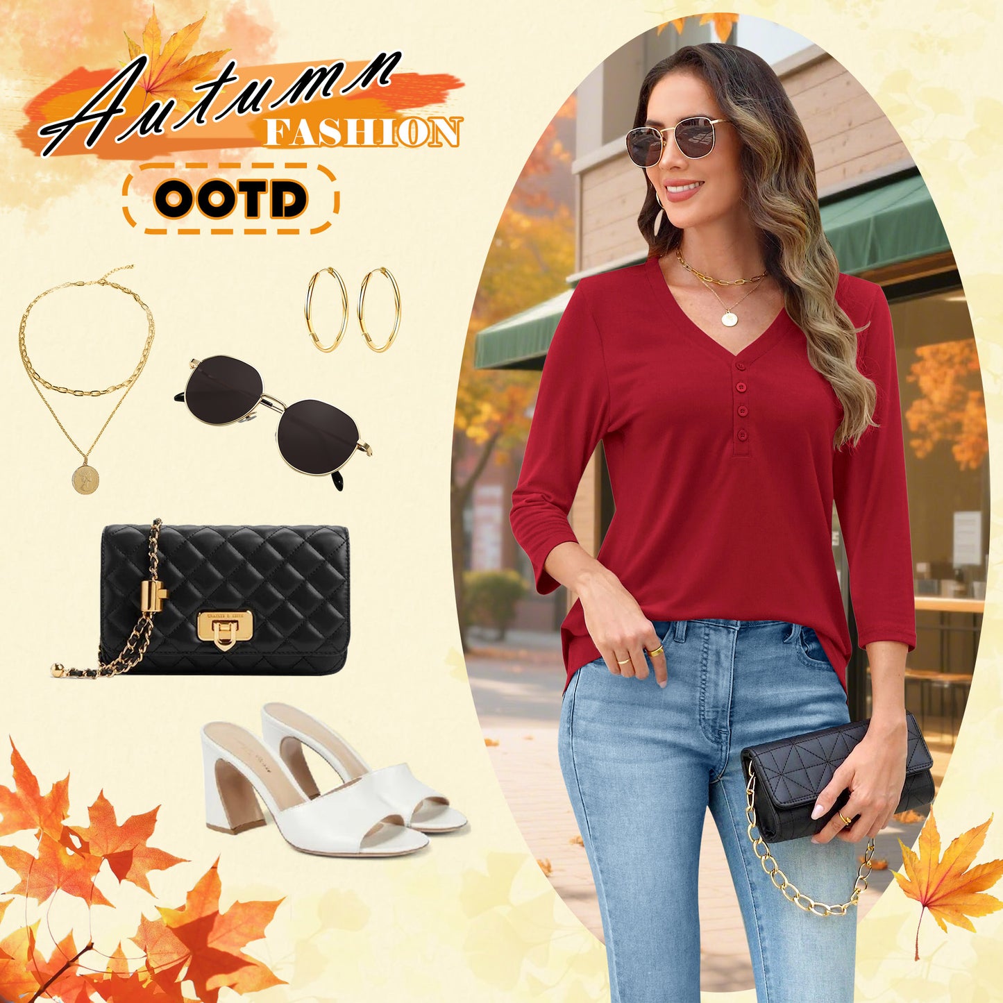 VDJ Women Blouses 3/4 Sleeve Sleeve Button V Neck Tshirts Cozy Soft Lounge Red Tee Tops Clothing