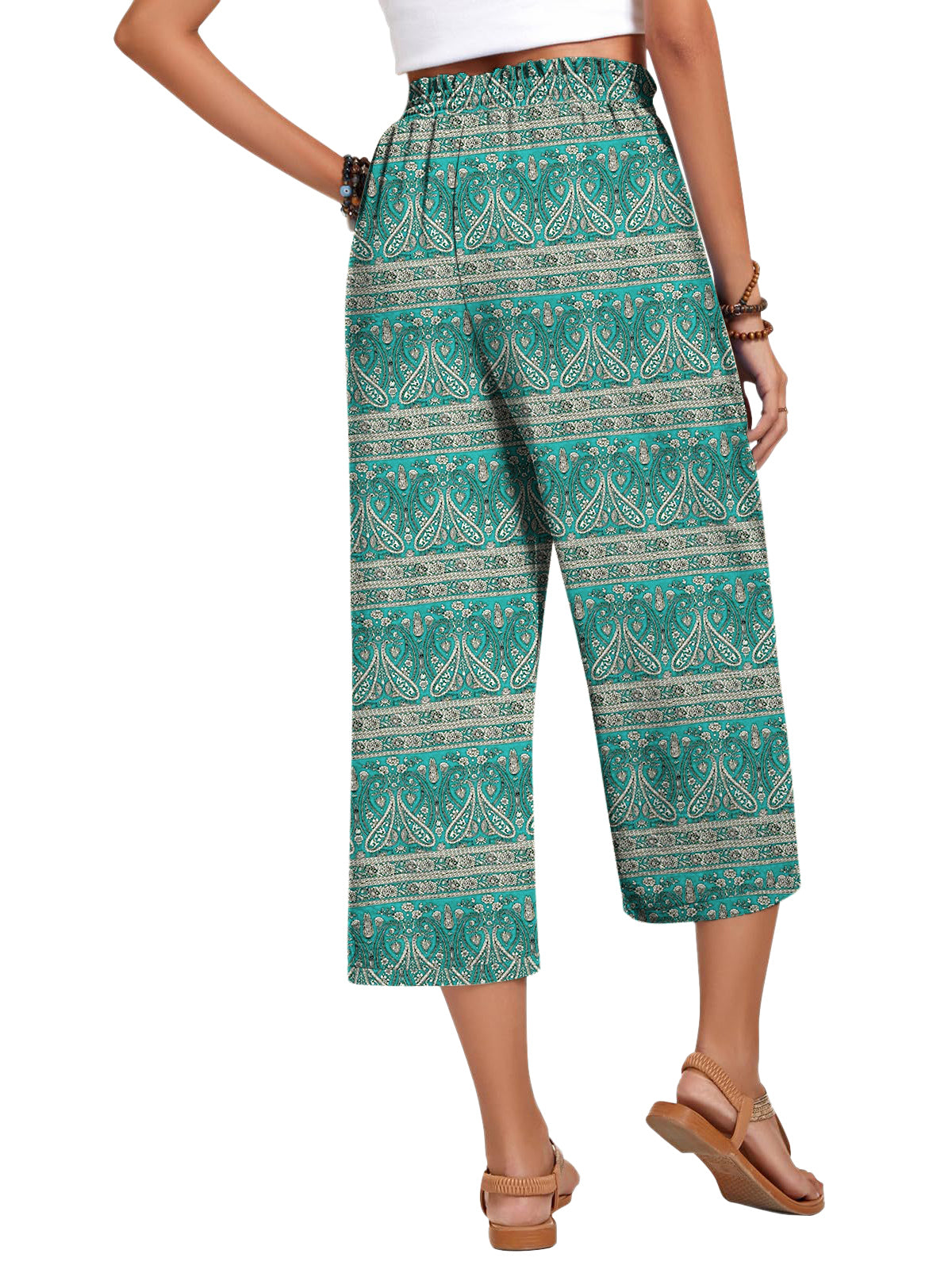 VDJ Women's Cropped Pants Summer Boho Fashion Floral Printed Wide Leg Capri Business Work Pants with Pockets