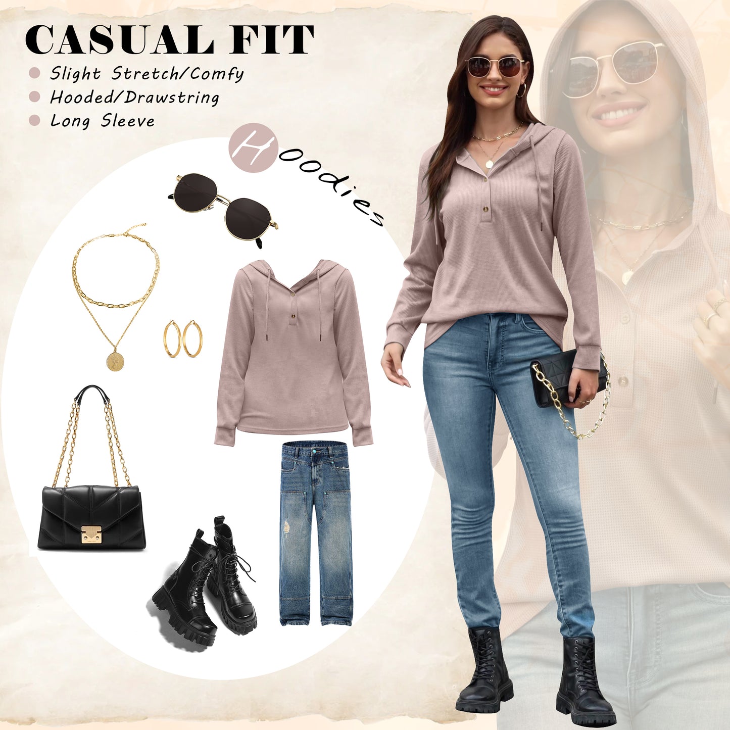 VDJ Hooded Tops for Womens Casual Loose Waffle Knitwear Drawstring Hoodies Button Cute Pink Sweatshirts