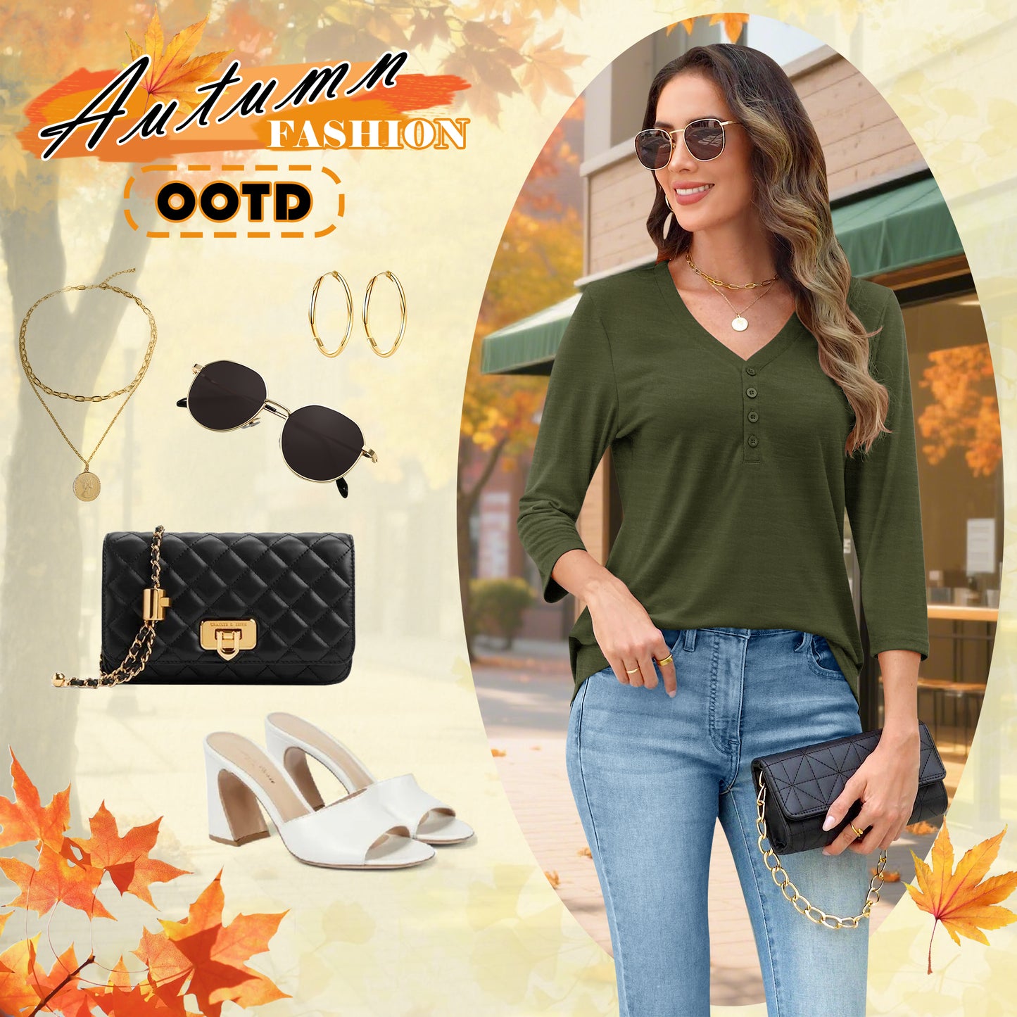 VDJ Women Summer T Shirts Casual Loose 3/4 Sleeve V Neck Tunic Stylish Solid Color Army Green Business Tee Clothes