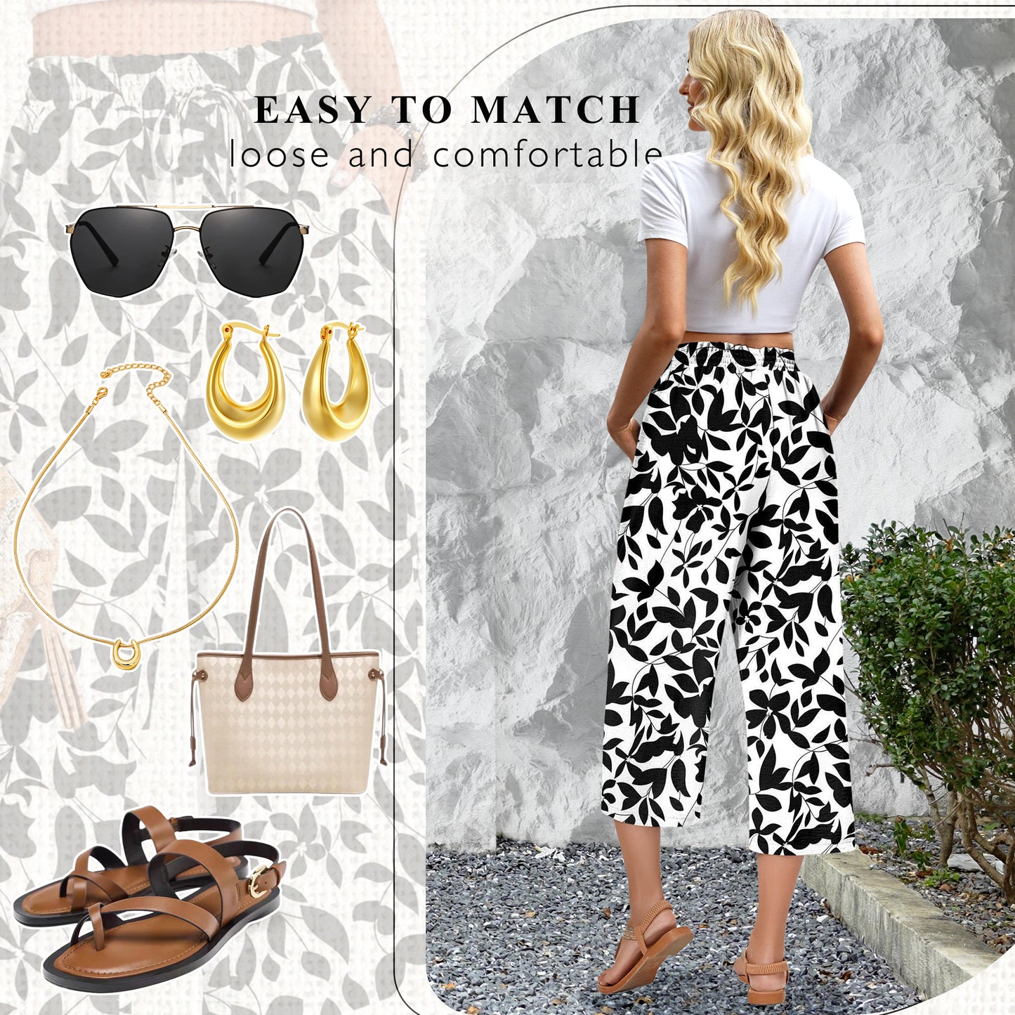 VDJ Women Summer Pants Elastic Waist Floral Bohemian Wide Leg Capri Pants Palazzo Casual Cropped Pants