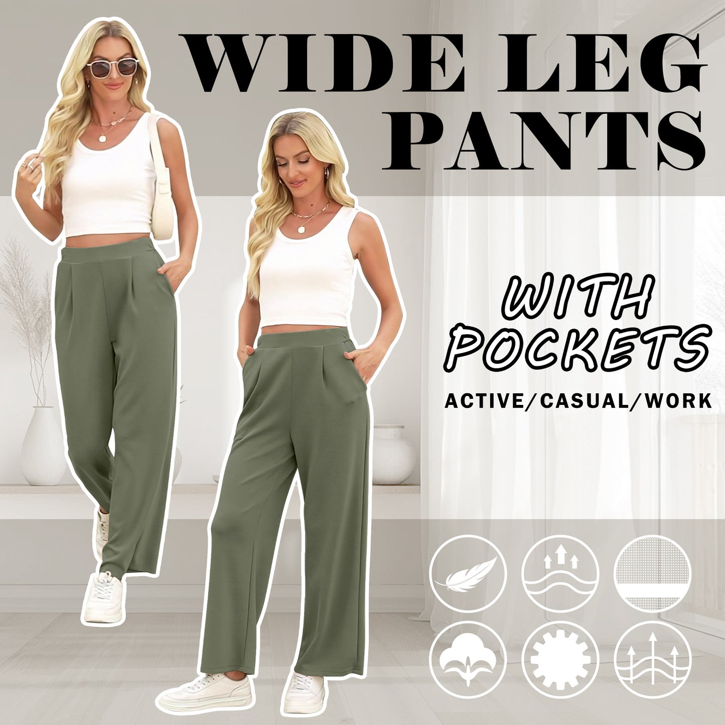 Women Casual Pants High Waisted Stretch Casual Sweatpants Wide Leg Workout Lounge Trousers with Pockets