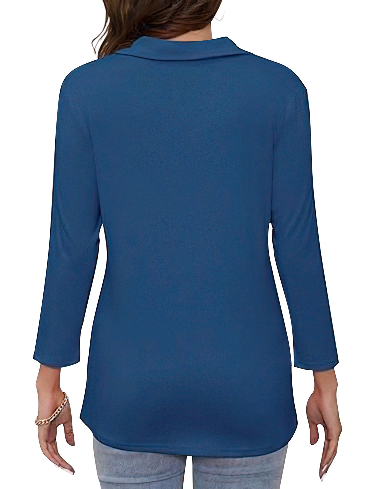 VDJ Women Fall Tops 3/4 Sleeve Fashion Half Zipper Collared Polo Shirts Lightweight Soft Navy Blue Tee Blouses for Ladies