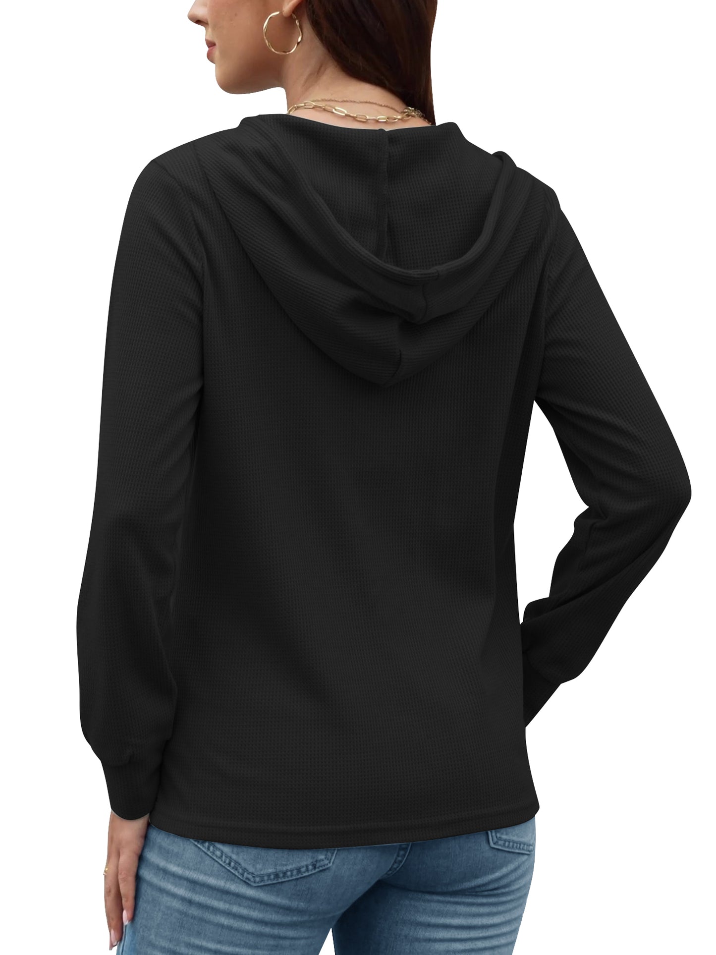 VDJ Hoodies for Women Casual Long Sleeve Fall Sweatshirts Pullover Drawstring Hood Tops Black Womens Clothes