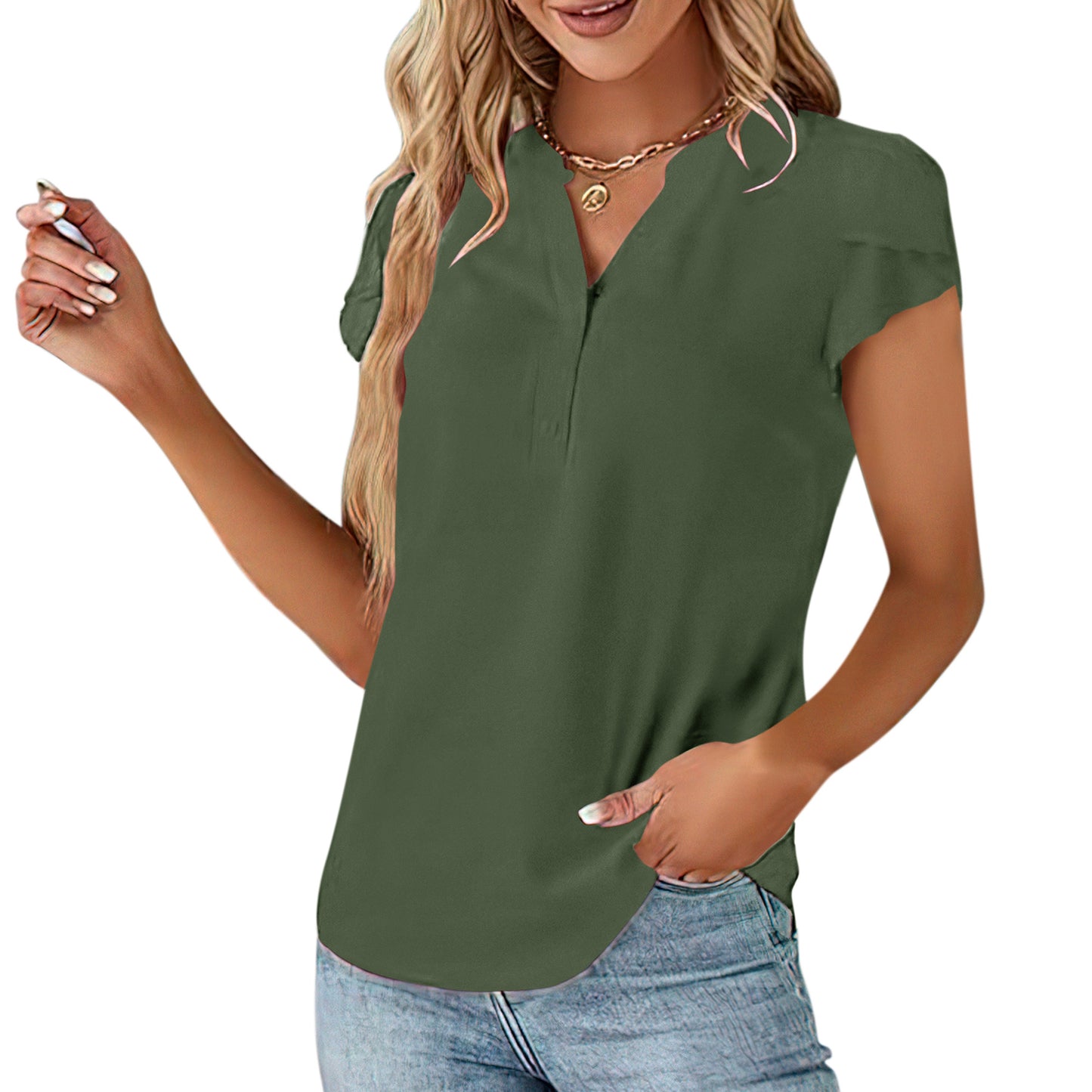 VDJ Women Short Sleeve Shirts Summer Casual Blouses Button Down Lightweight Fashion Business Tshirt Army Green Clothes