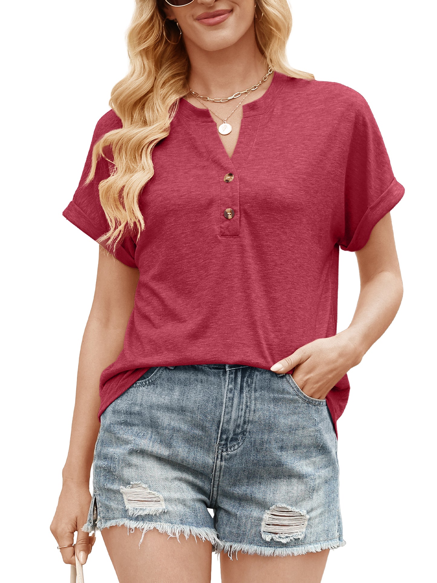 VDJ Womens T Shirt Short Sleeve Henley Collar Casual Dressy Shirts Button Up Plain Color Burgundy Chic Blouse