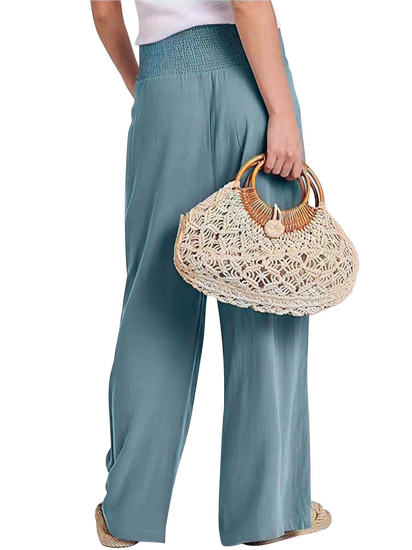 VDJ Women's Pants Summer Bohemian Wide Leg Flowy High Waist Holiday Beach Pants Travel Outfits Side Pockets