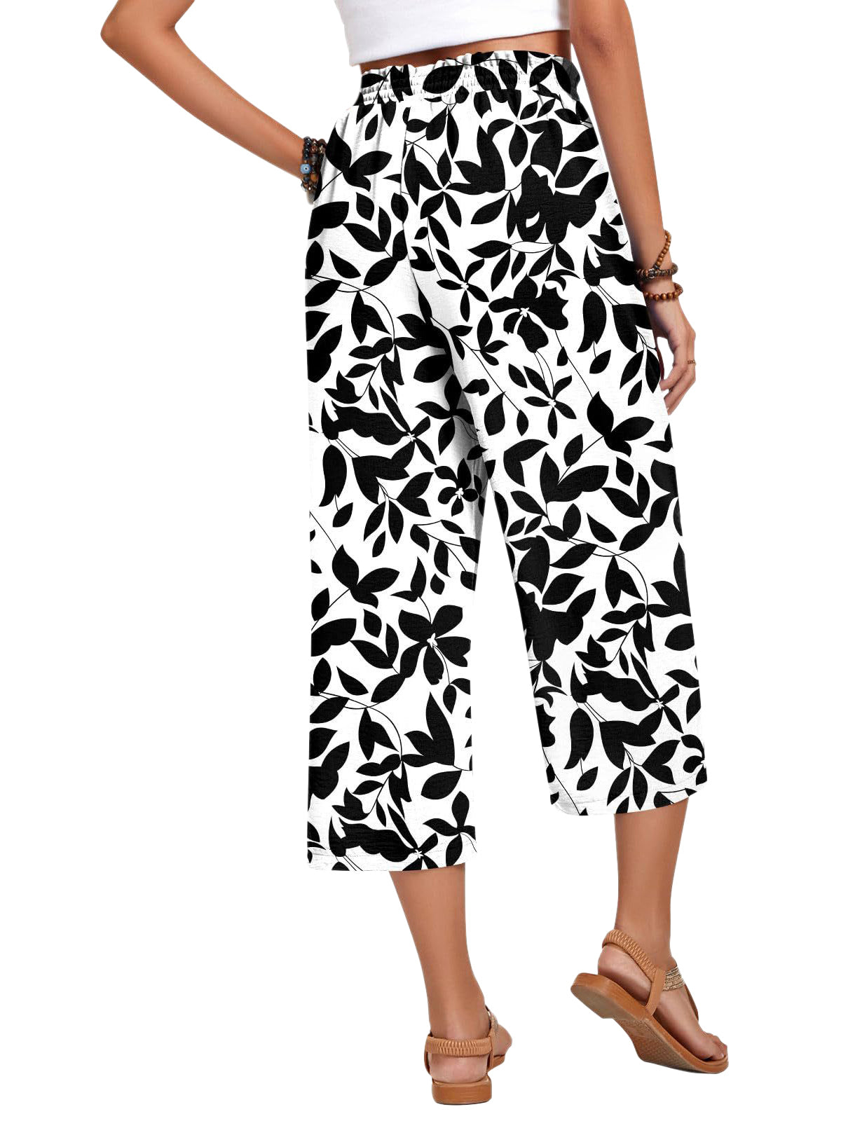 VDJ Women Summer Pants Elastic Waist Floral Bohemian Wide Leg Capri Pants Palazzo Casual Cropped Pants