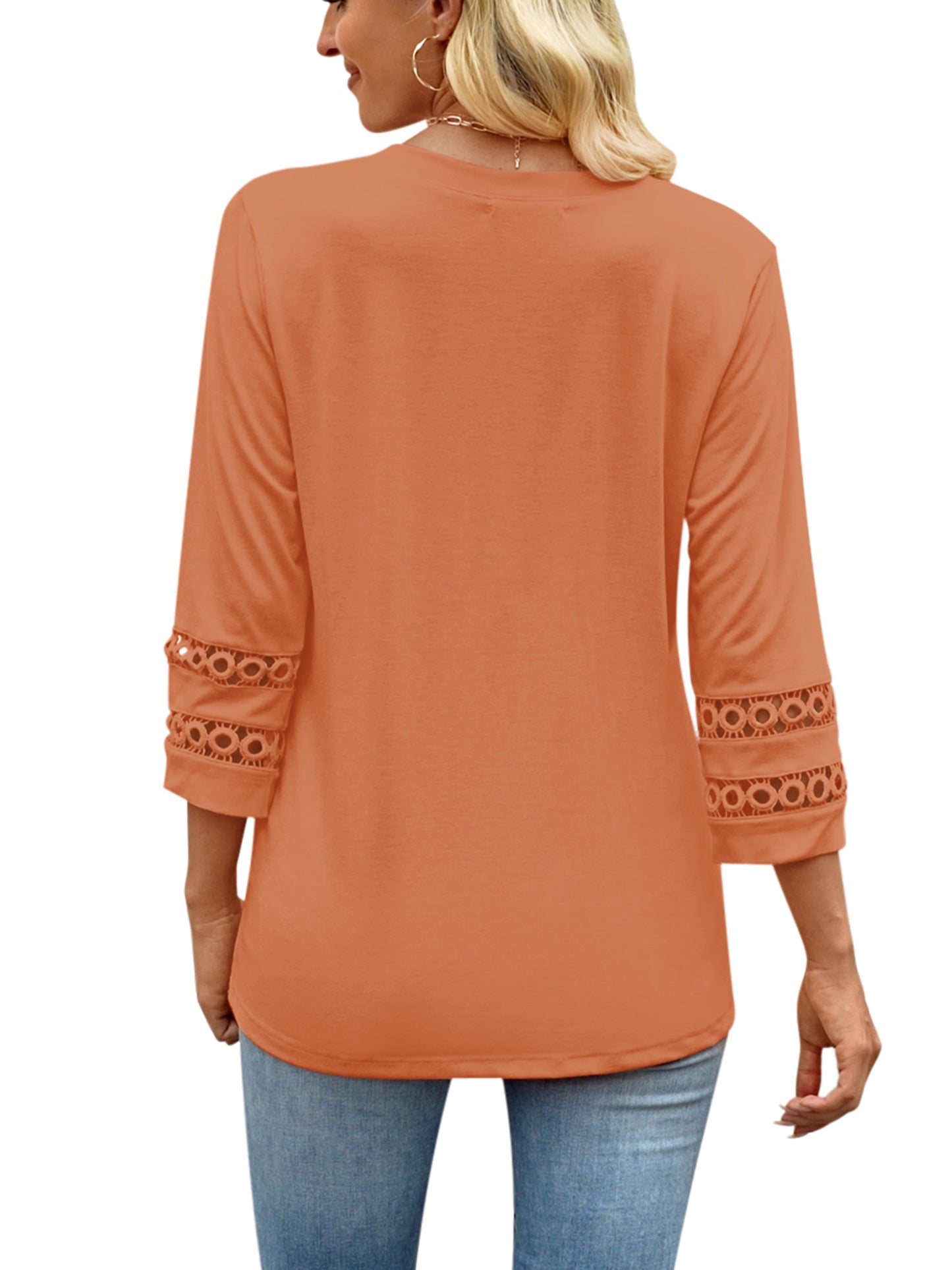VDJ Summer Blouses for Women Casual Loose Hollow Out 3/4 Sleeve V Neck Shirts Trendy Cool Coffee Henley Tshirts