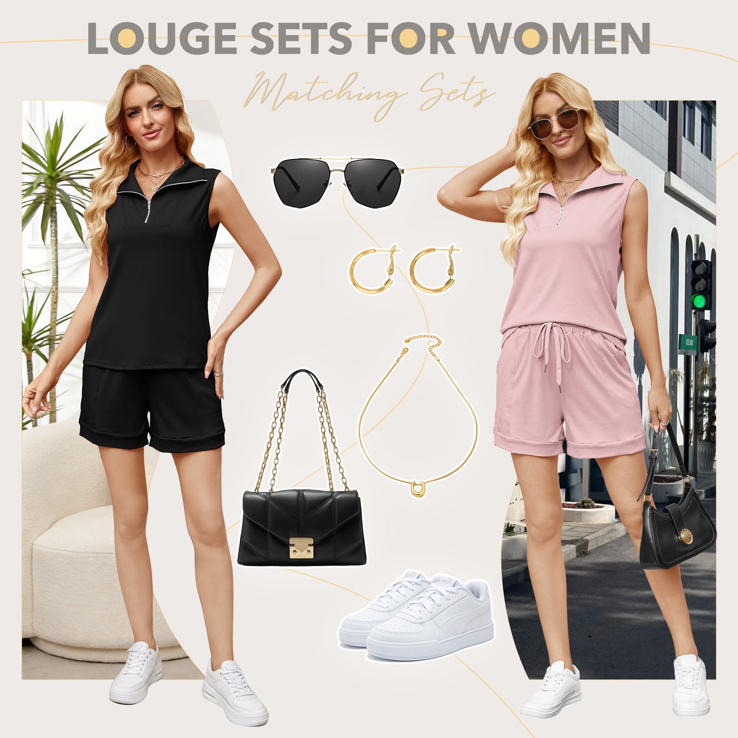VDJ 2 Piece Sets for Women Sleeveless Zipped Tops Elastic Waisted Shorts Summer Tracksuit Black Casual Lounge Sets