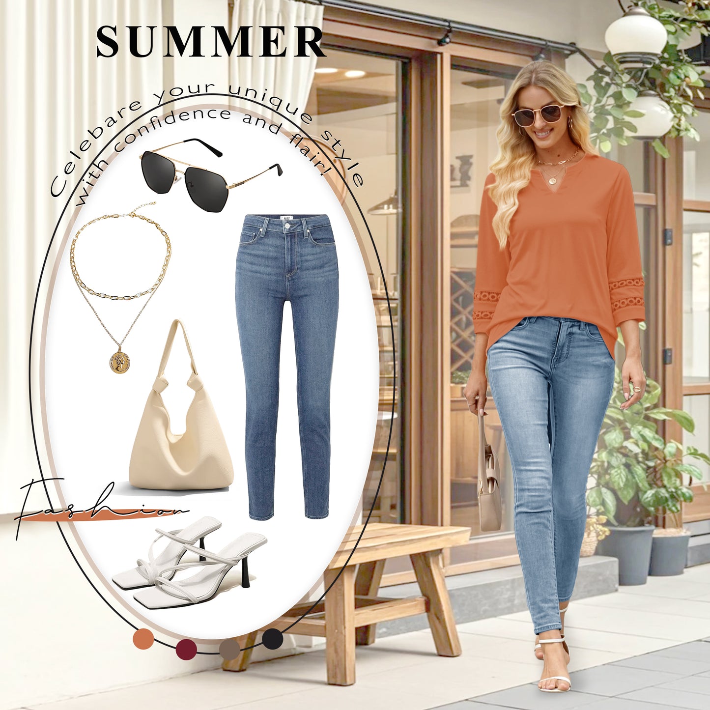 VDJ Summer Blouses for Women Casual Loose Hollow Out 3/4 Sleeve V Neck Shirts Trendy Cool Coffee Henley Tshirts