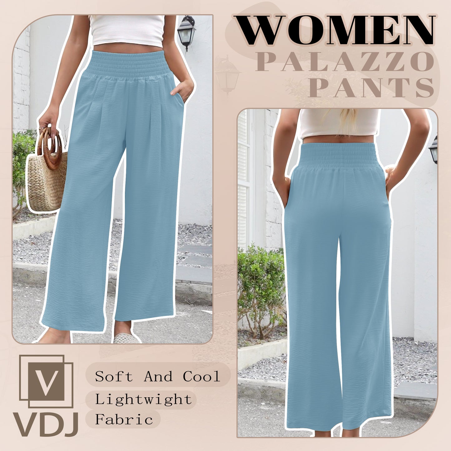 VDJ Womens Pants Summer Boho Elastic Wide Waistband Fashion Wide leg Beach Pants Sky Blue Ladies Trouser