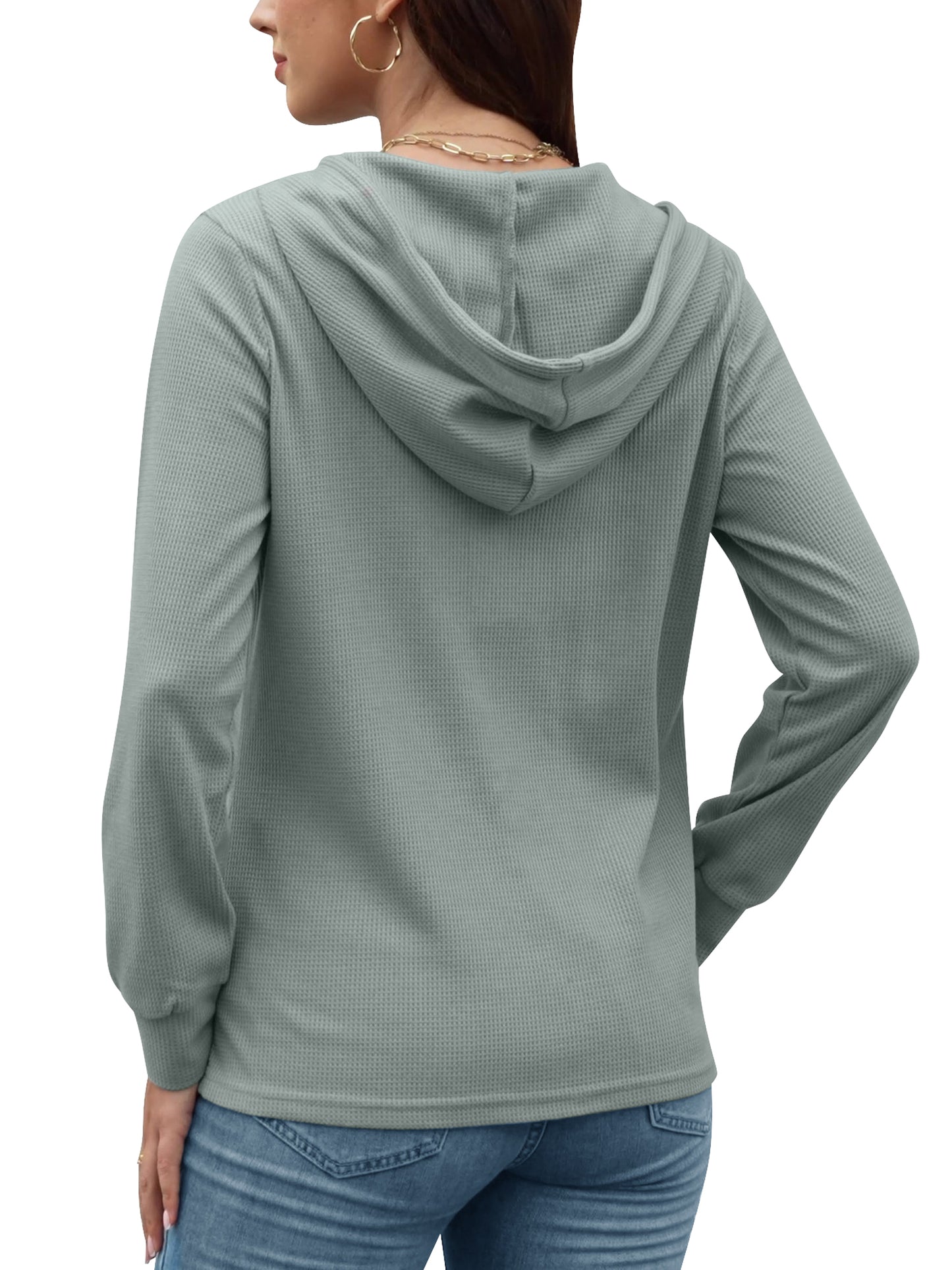 VDJ Womens Hoodies Long Sleeve Button V Neck Hooded Pullover Solid Waffle Knit Drawstring Solid Green Sweatshirts