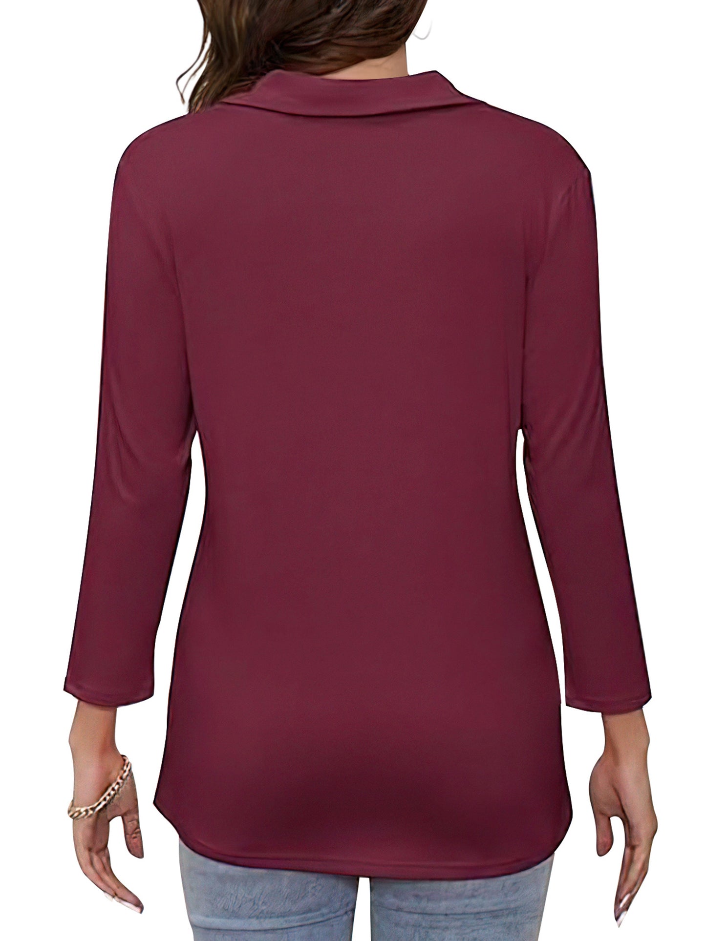 VDJ Women Dressy Tops 3/4 Sleeve Zip Up Collard Tops Casual Vintage Wine Red Fall Polo Shirts Clothing