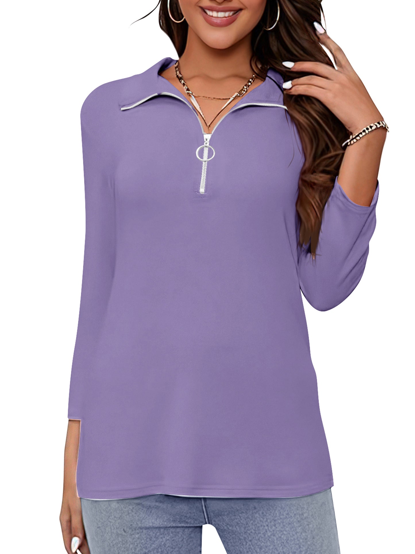 VDJ Women's V Neck 3/4 Sleeve T Shirt Solid Color Casual Basic Tops Purple Half Zipped Autumn Tees