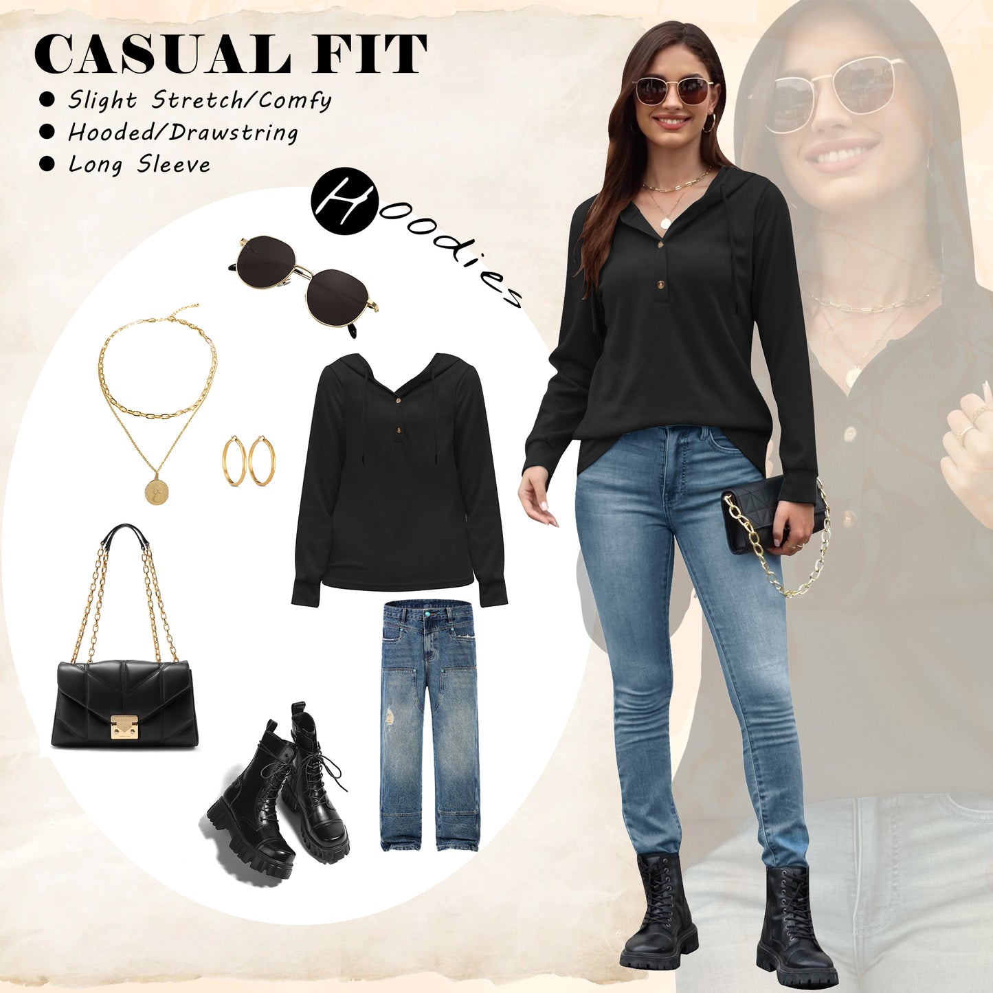 VDJ Hoodies for Women Casual Long Sleeve Fall Sweatshirts Pullover Drawstring Hood Tops Black Womens Clothes