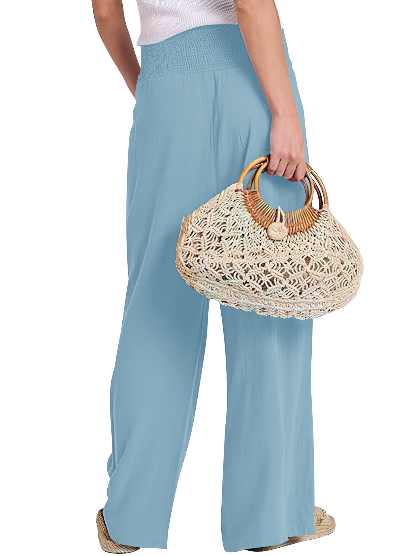 VDJ Womens Pants Summer Boho Elastic Wide Waistband Fashion Wide leg Beach Pants Sky Blue Ladies Trouser