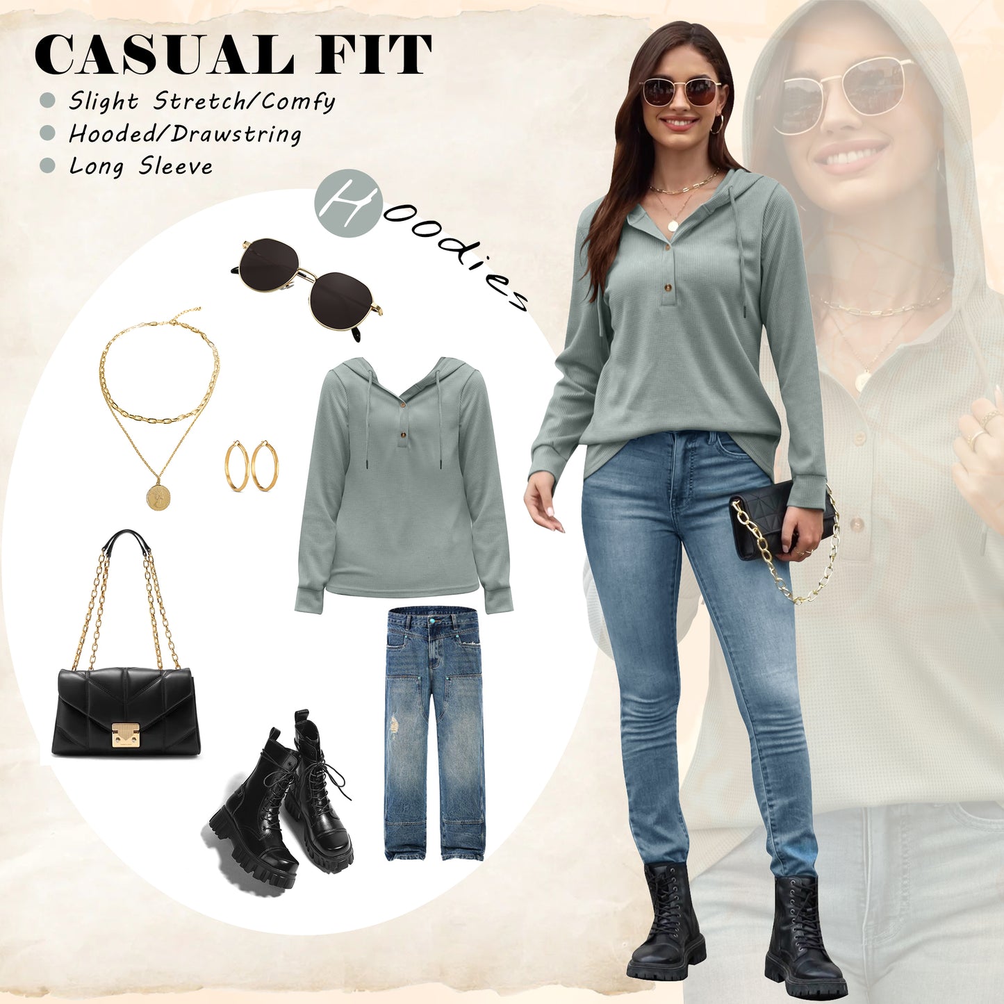 VDJ Womens Hoodies Long Sleeve Button V Neck Hooded Pullover Solid Waffle Knit Drawstring Solid Green Sweatshirts
