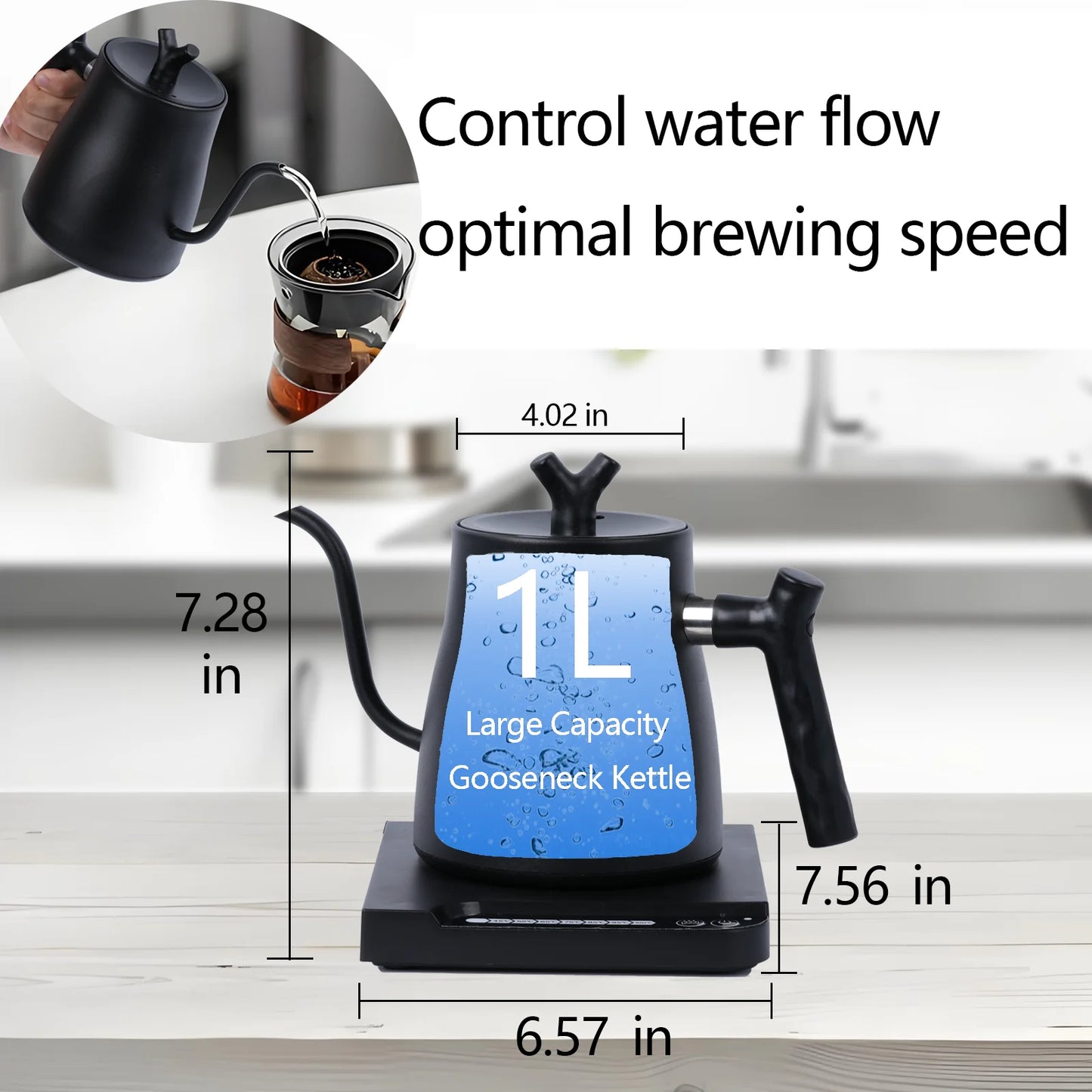 YUOFD Electric Gooseneck Kettle, 1L Pour Over Stainless Steel Kettle for Coffee, Intelligent Temperature Control