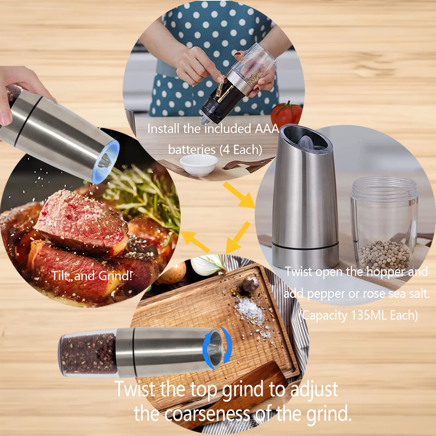 YUOFD Electric Pepper Grinder 2PCS, Electric Salt and Pepper Grinder Set with Battery, Gravity Sensing Automatic Grinding, Silver