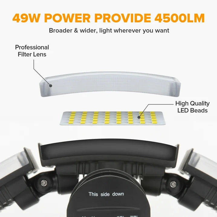 UME 4500LM LED Security Lights Motion Sensor Light Outdoor, 5000K Daylight, IP65 Waterproof, Dusk to Dawn, 3 Head Motion Detected Flood Light for Garage, Yard, Porch (Black)