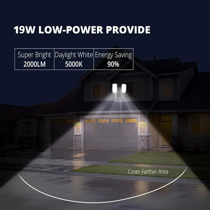 UME 19W LED Flood Light Motion Sensor Outdoor, 2 Adjustable Head, 2000LM, 5000K, IP65 Waterproof, Dusk to Dawn Security Light with Photocell for Exterior,Outside,Garage,House(Black)