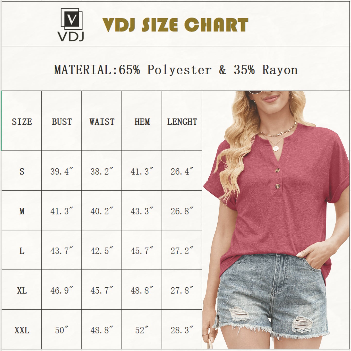 VDJ Womens T Shirt Short Sleeve Henley Collar Casual Dressy Shirts Button Up Plain Color Burgundy Chic Blouse