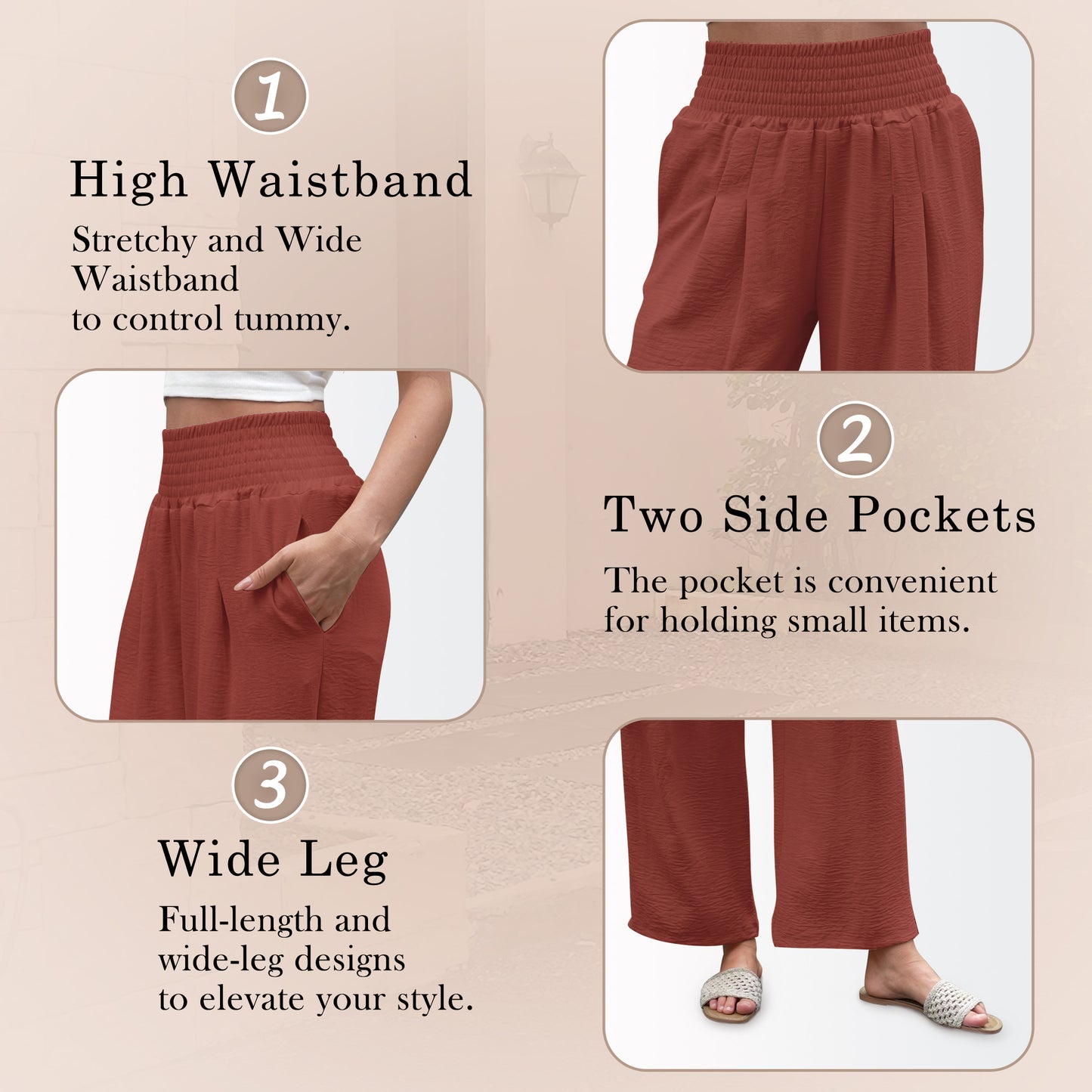 VDJ High Waist Wide Leg Pants for Women Summer Boho Fashion Cool Palazzo Pants Rustred Dress Pants