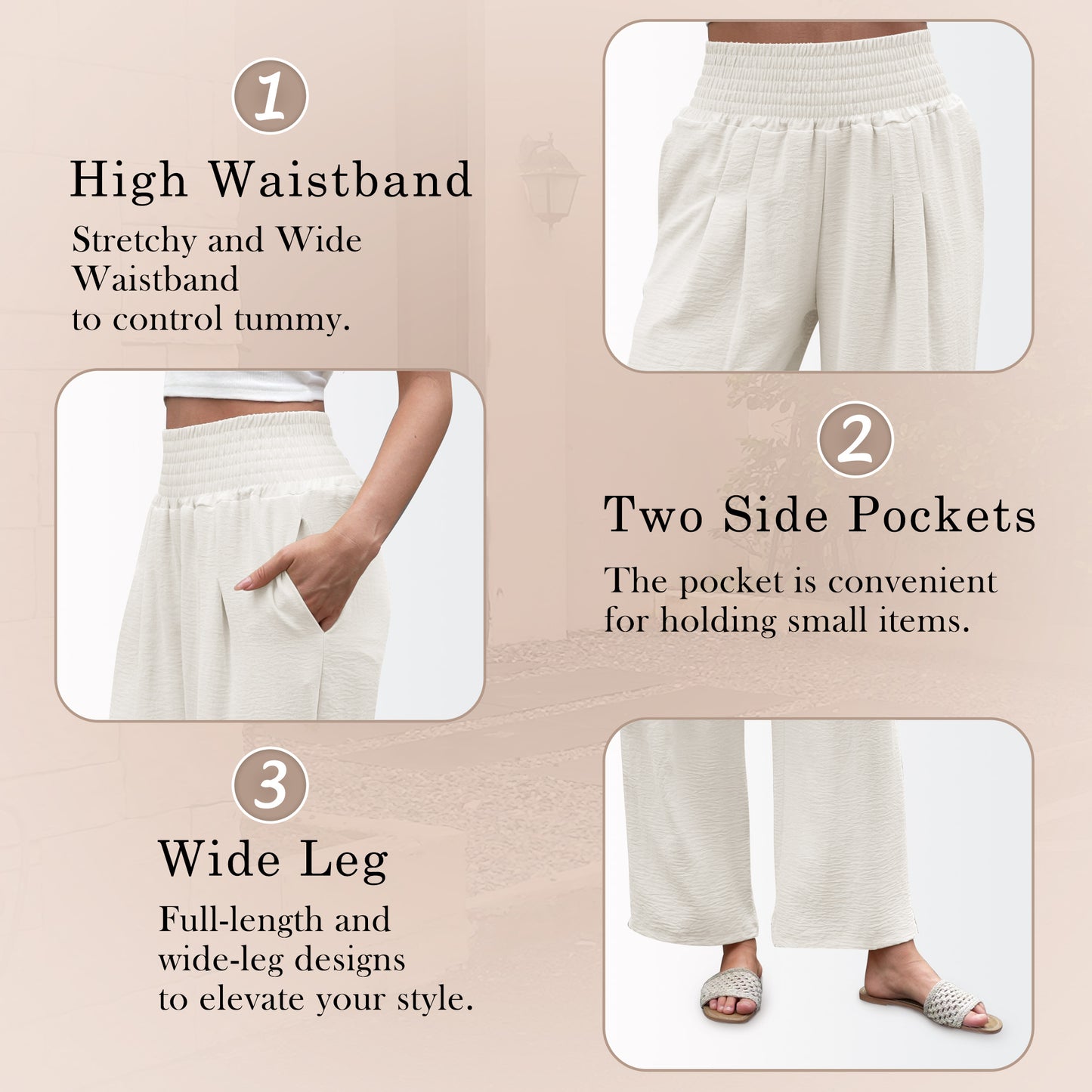 VDJ Women's Casual Wide Leg Pants Business Work Dress Pants Flowy Baggy Harme Pants Boho Beige Palazzo Trousers