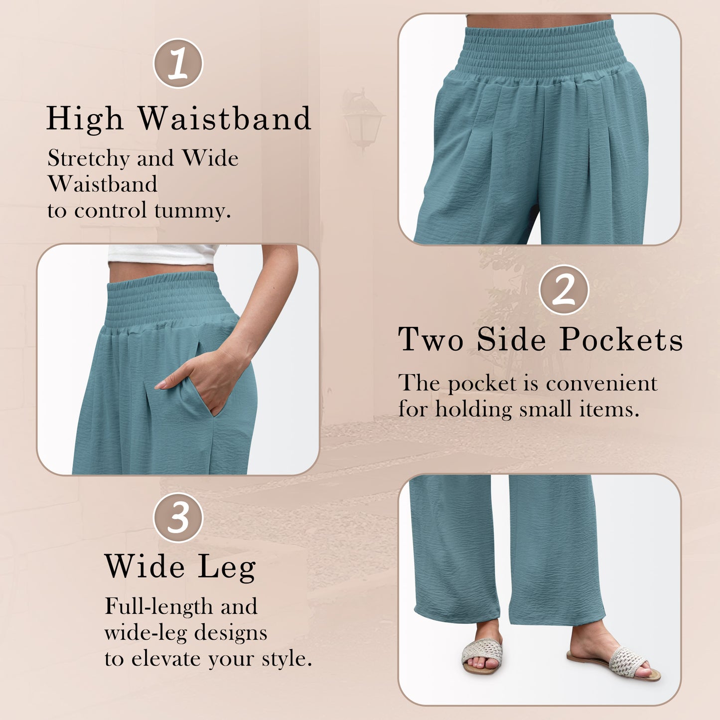 VDJ Women's Pants Summer Bohemian Wide Leg Flowy High Waist Holiday Beach Pants Travel Outfits Side Pockets