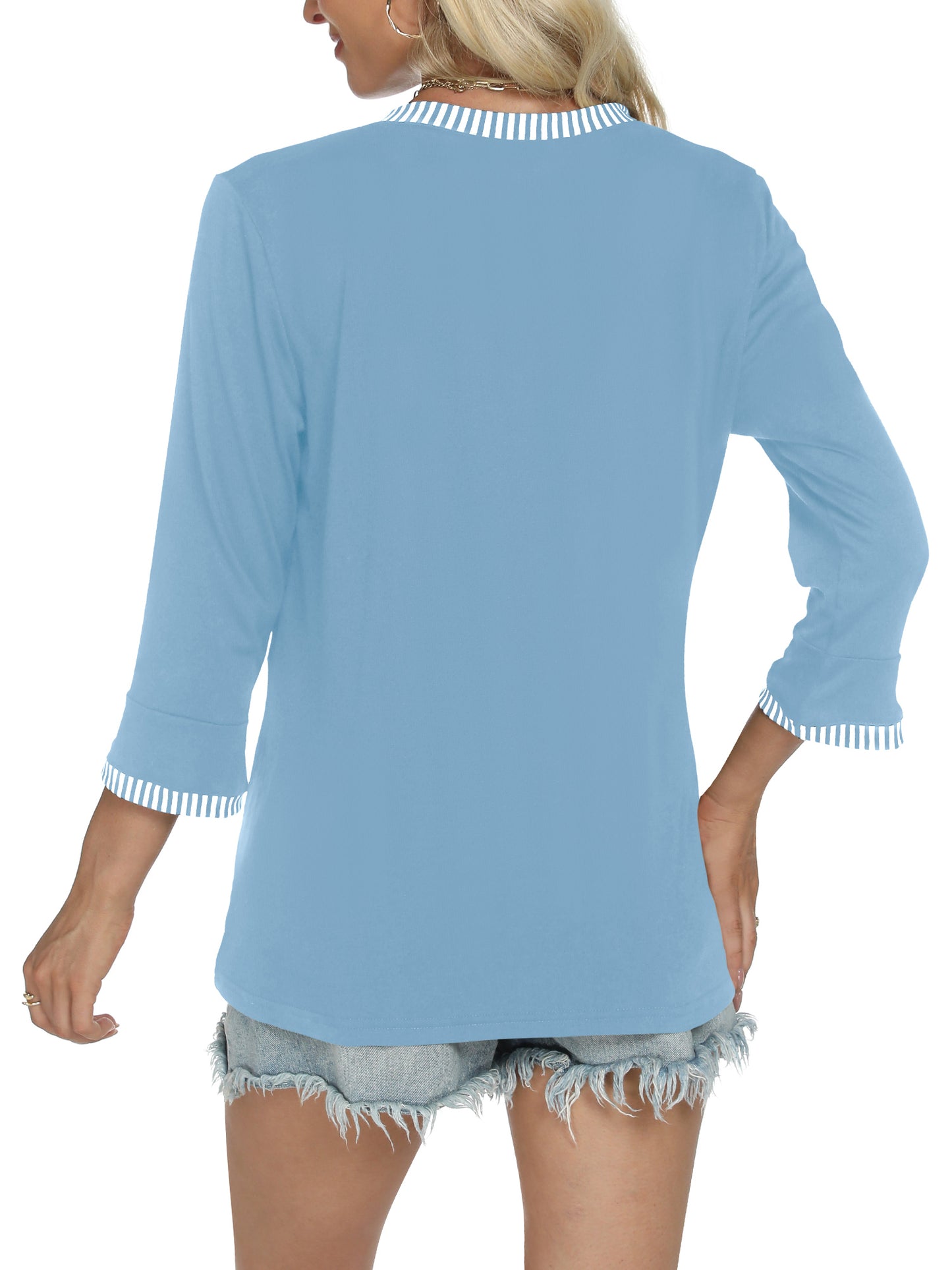 VDJ Women's 3/4 Sleeve T Shirts Casual Fit Dressy V Neck Stripe Print  Tunic Tee Sky Blue Fall Fashion Outfits 2025