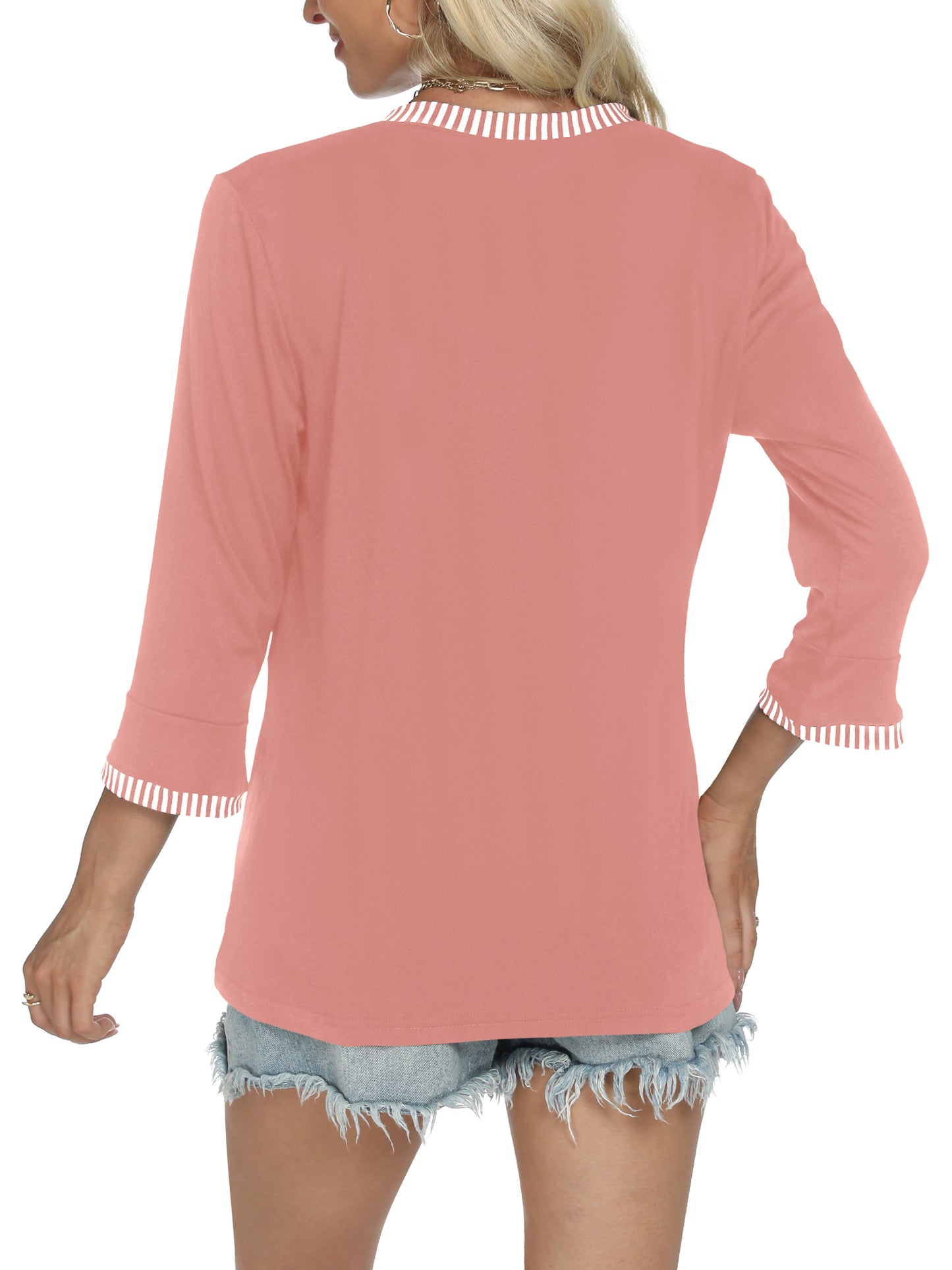 VDJ Women Color Block T Shirts Casual Loose 3/4 Sleeve V Neck Fashion Tops Cute Light Pink 2025 Fall Blouse