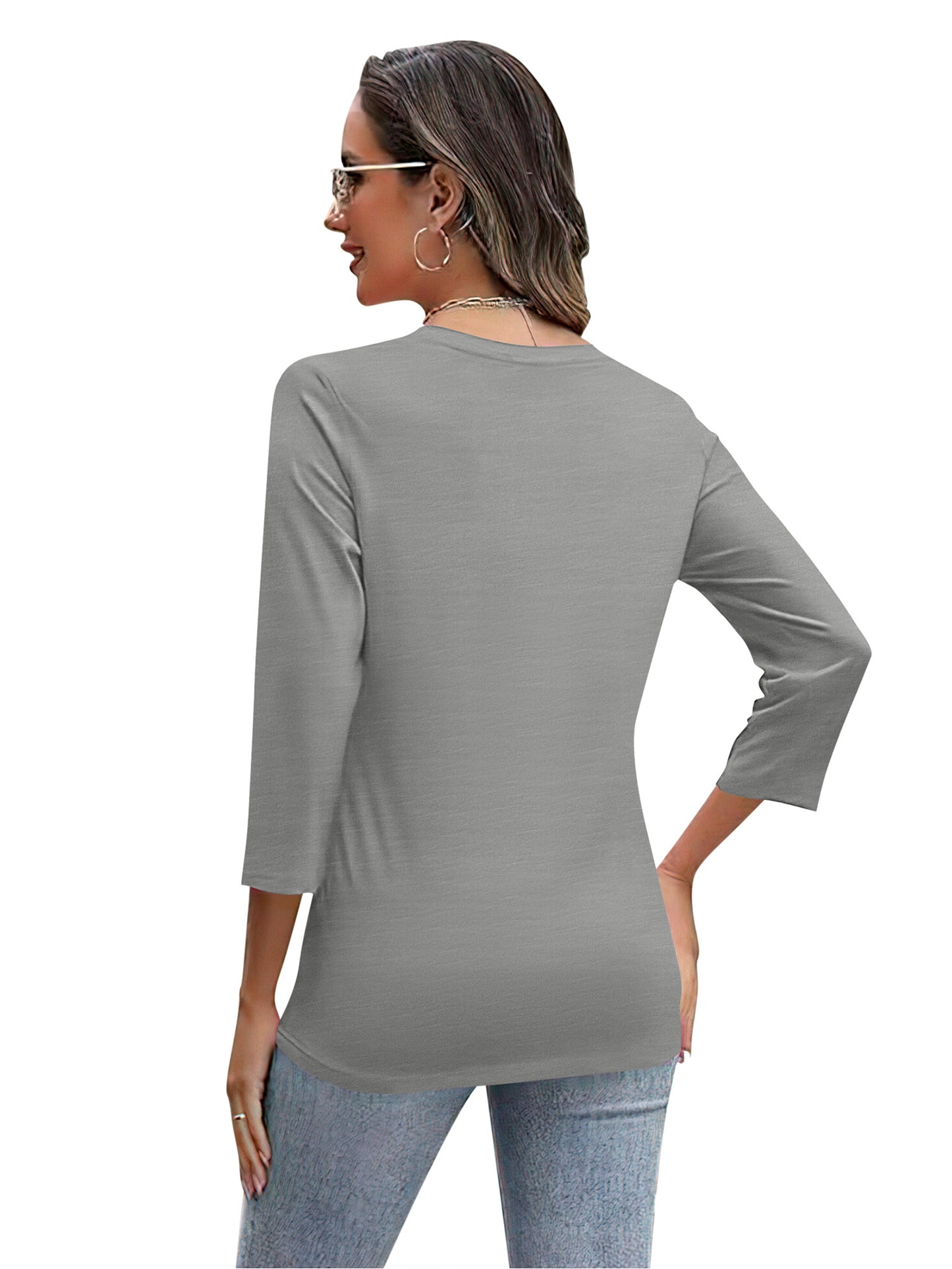VDJ T Shirts for Women 3/4 Sleeve Summer Fall Basic Tee Solid Color Comfort Cool Light Grey Tunic Tops