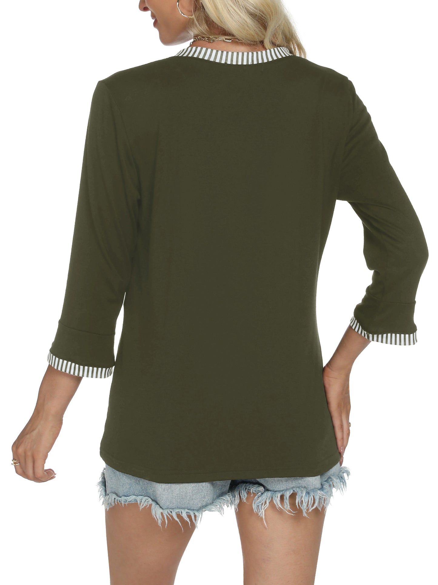 VDJ Womens Tops Henley V Neck 3/4 Sleeve T Shirts Casual Dressy Fall Blouses Color Block Army Green Business Tee Clothes
