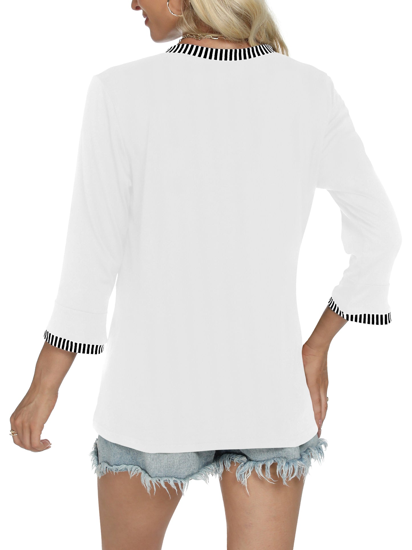 VDJ Women Fall Shirts Dressy Casual Henley V Neck Blouses T Shirts 3/4 Basic White Tops Striped Outfits