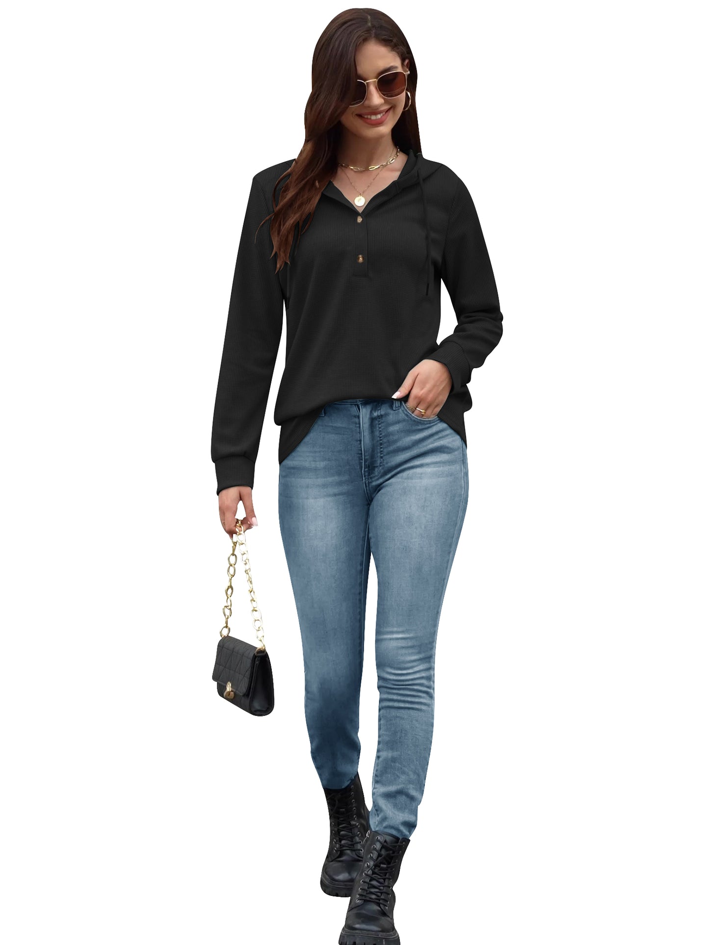 VDJ Hoodies for Women Casual Long Sleeve Fall Sweatshirts Pullover Drawstring Hood Tops Black Womens Clothes