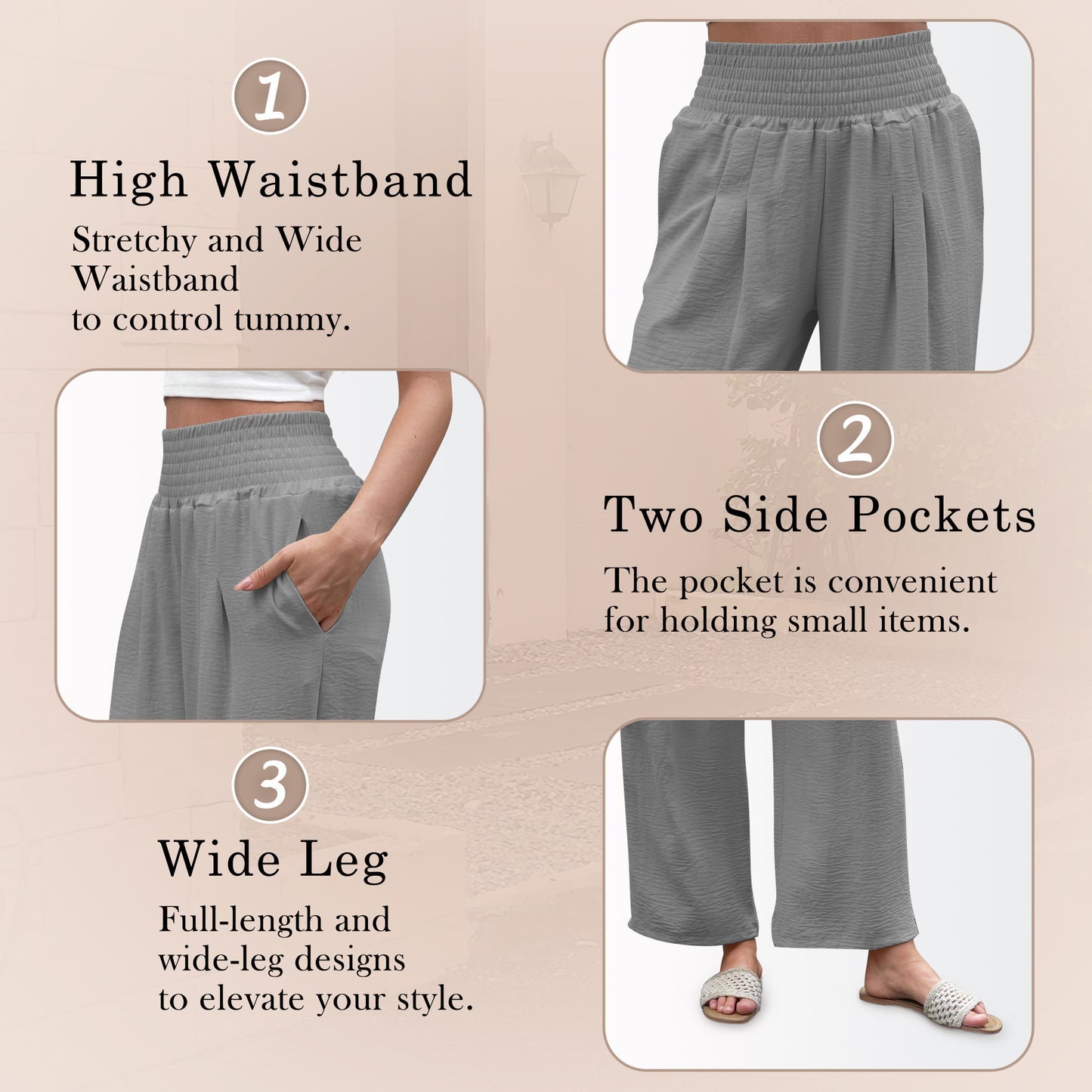 VDJ Womens Pants Elastic High Waisted Palazzo Casual Wide Leg Pockets Lounge Pant Light Gray Vacation Outfit