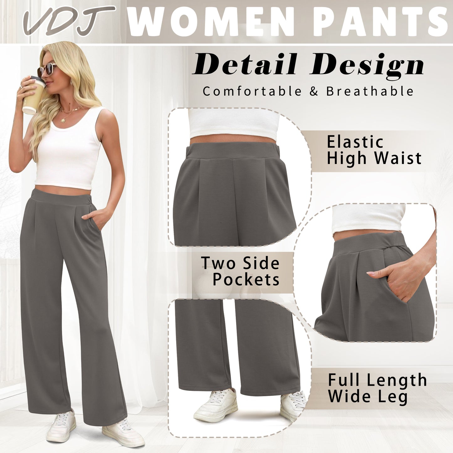 VDJ Pants for Women Elastic Waist Athleisure Casual Stretch 28" Inseam Wide Leg Sweatpants with Pockets Dark Gray Trousers