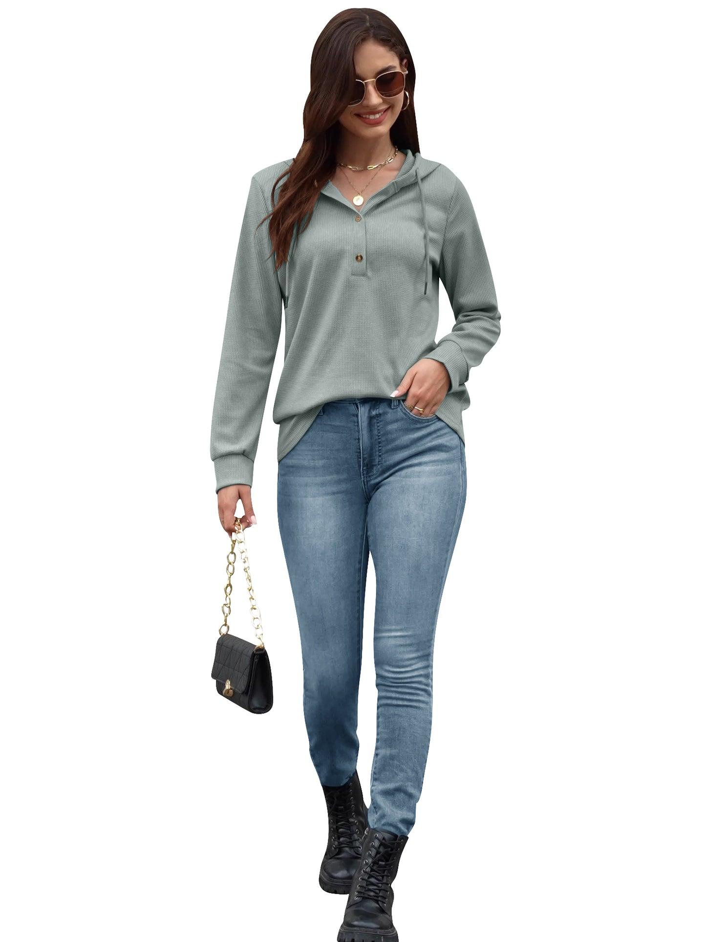 VDJ Womens Hoodies Long Sleeve Button V Neck Hooded Pullover Solid Waffle Knit Drawstring Solid Green Sweatshirts